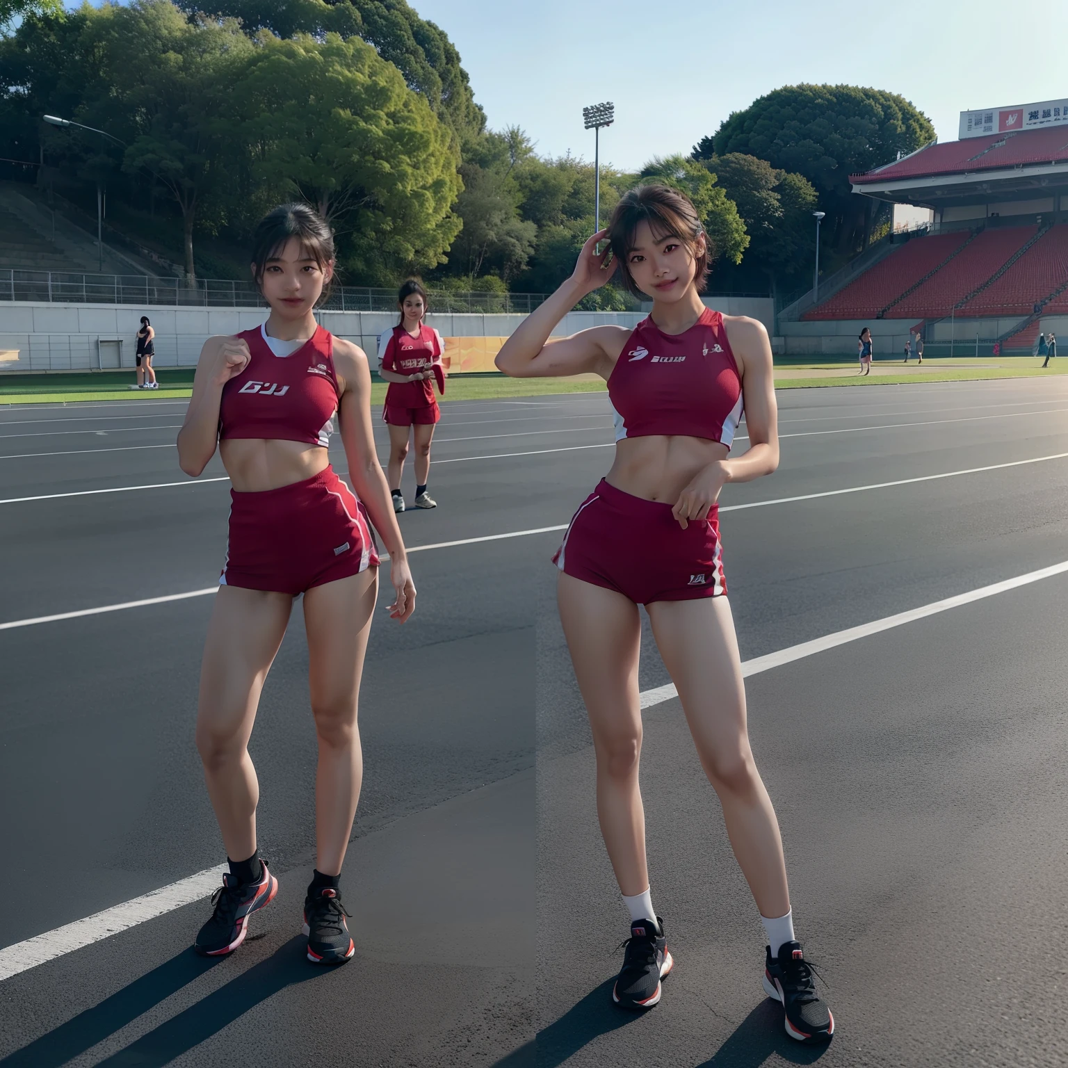 onoff,side-by-side photo,split screen,Cute Japanese girl,((Best quality, masterpiece, ultra high res)), (photorealistic:1.4),highly detailed,professional lighting ,smile,Playing football ,in stadium, dark golden hair, short wolf cut hairstyle , cute brown eyes and attractive pink lips, wearing tight football Jersey, and football shorts, futsal boots, sprinting towards the ball, snowy atmosphere, snowing,hyper realistic and cinematic, hyper detailed resolution, 8k, large stadium, full body, hyper close view, night time,(slender body:1.3),mideum shot,