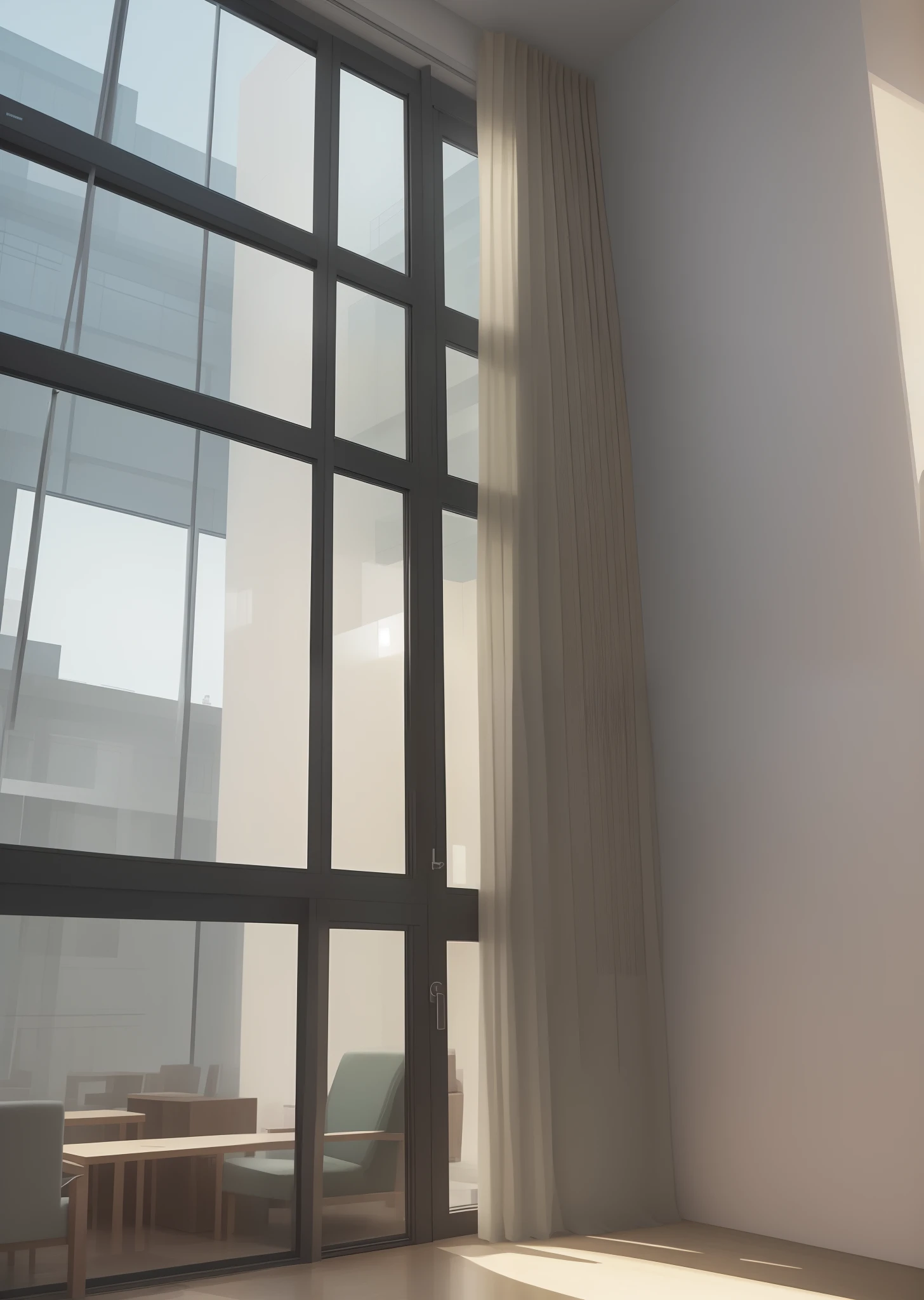 Stand inside a minimal modern lobby with a height of four meters. Rough Serin. Curtain wall，From the outside, you can see the rock wall 4 meters away from the lobby curtain wall