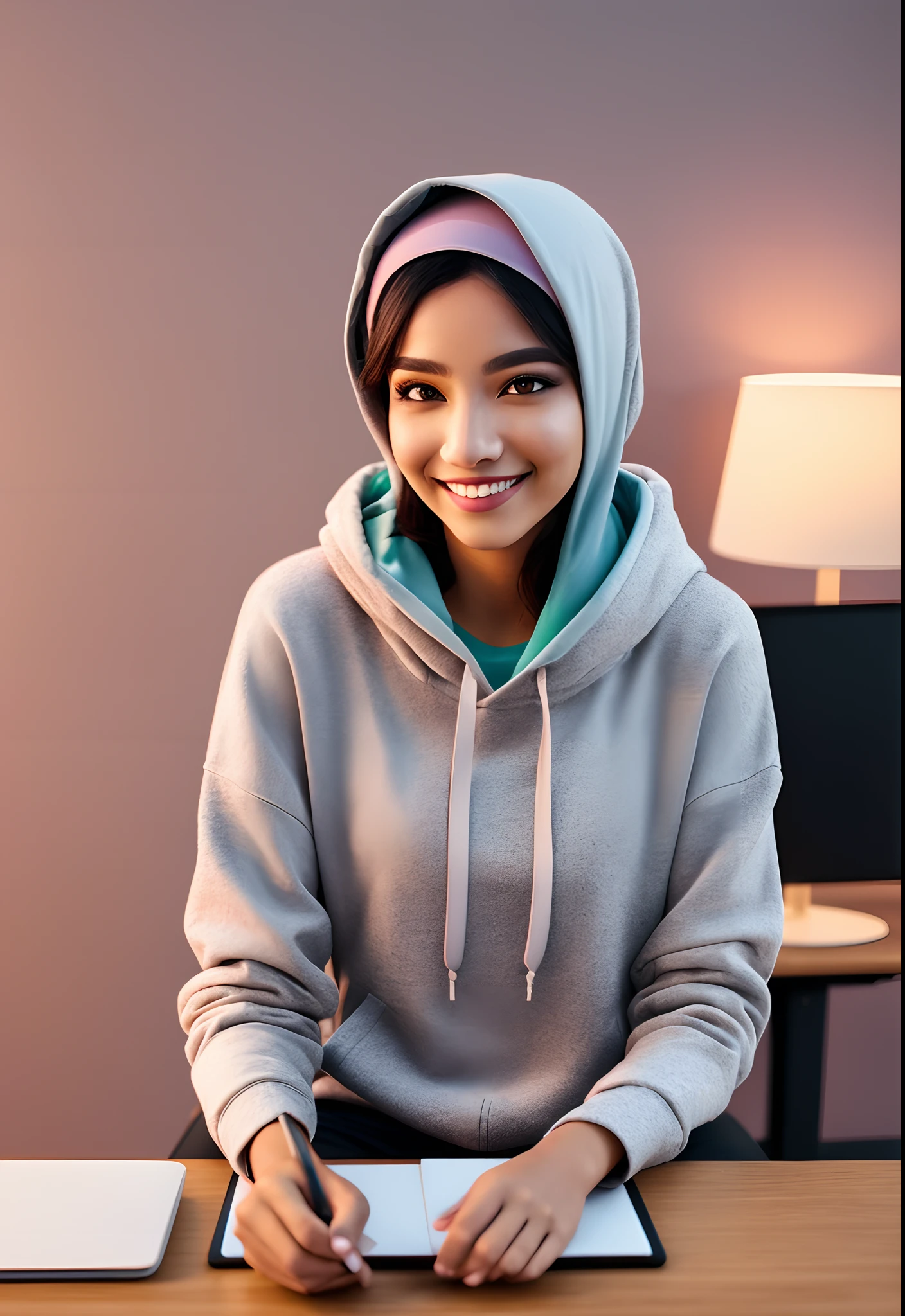 png render of a young woman sitting at a modern desk looking into the camera smilling,with soft makeup , the woman is wearing a long hoodie, using a pastel color long hijab, dgital corporate background background, clear skin texture in tawny color, cinematic, soft lighting, vertical position