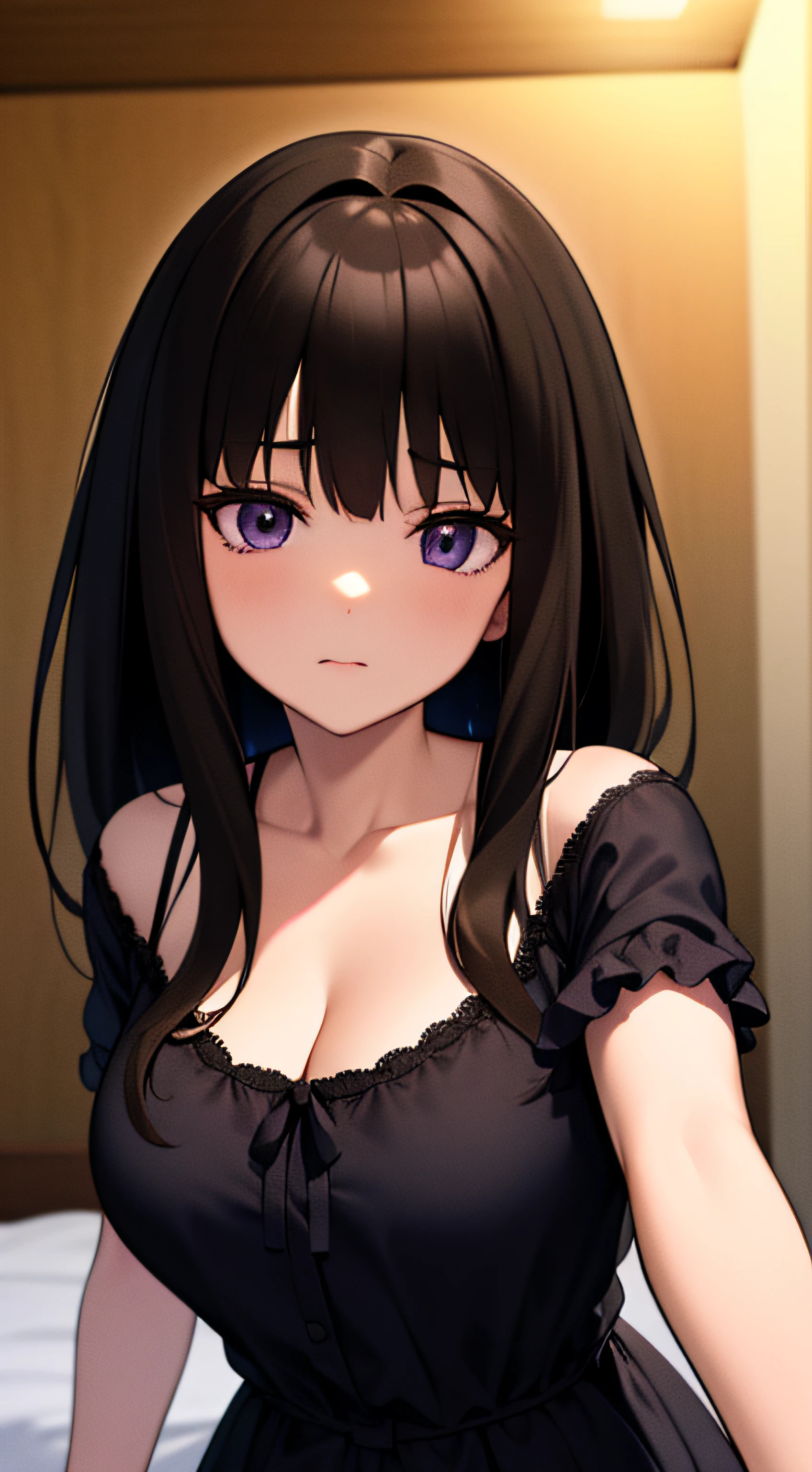 (best quality, masterpiece), Inoue Takina, 2d, sketch art, one anime woman, sad, black hair, busty, medium breasts, cleavage, POV, close up, nightgown, black dress, (detailed eyes, beautiful eyes), (purple eyes:1.2), indoor, on the bed, bedroom