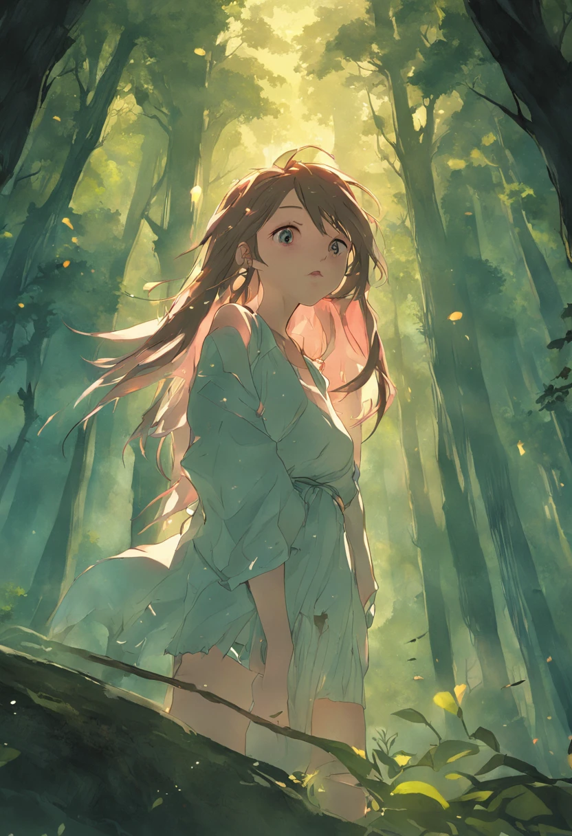 full-body portraits, Beautiful young and proud earth fairy. small shoulder, Naked in the forest. She leaned against an old oak tree. Realistic facial features. Realistic hands,pleasing,Sensual,whaite hair,The long,黑The eye, National Geographic Composition. Sunset and fire lighting, Dense groves at the foot of the mountain. Add a bright, vibrant color to your skin