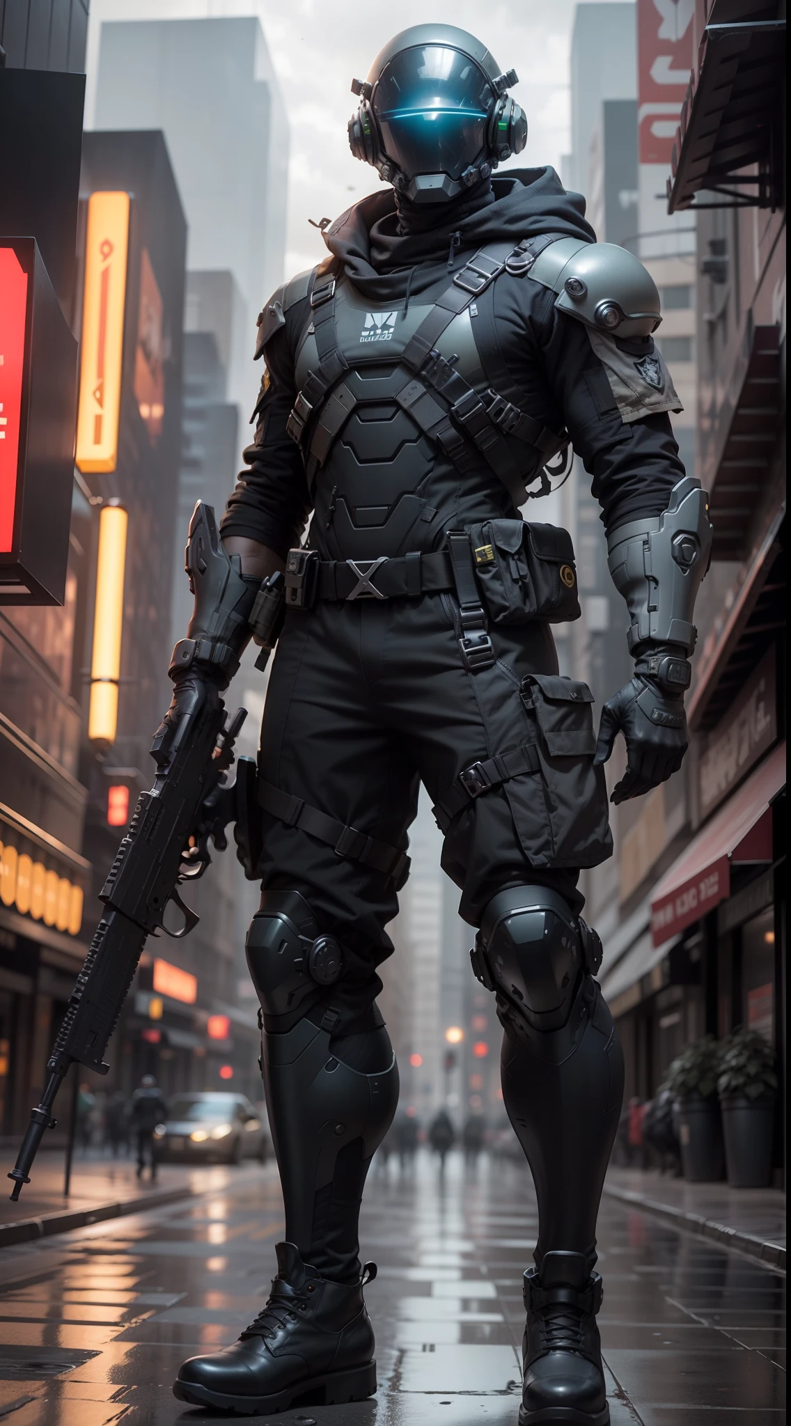 1man, a futuristic-looking male military commander with a fantastic ((square cyberhelmet head with blue lights)), wearing a pair of ((iron grey gloves)) and ((black military boots)), dressed in ((grey FROG suit)), standing in cyberpunk city, holding weapon, holding gun, rifle, handgun, assault rifle, wearing epTactical, face focus, UHD, anatomically correct, best quality, masterpiece, full body panel