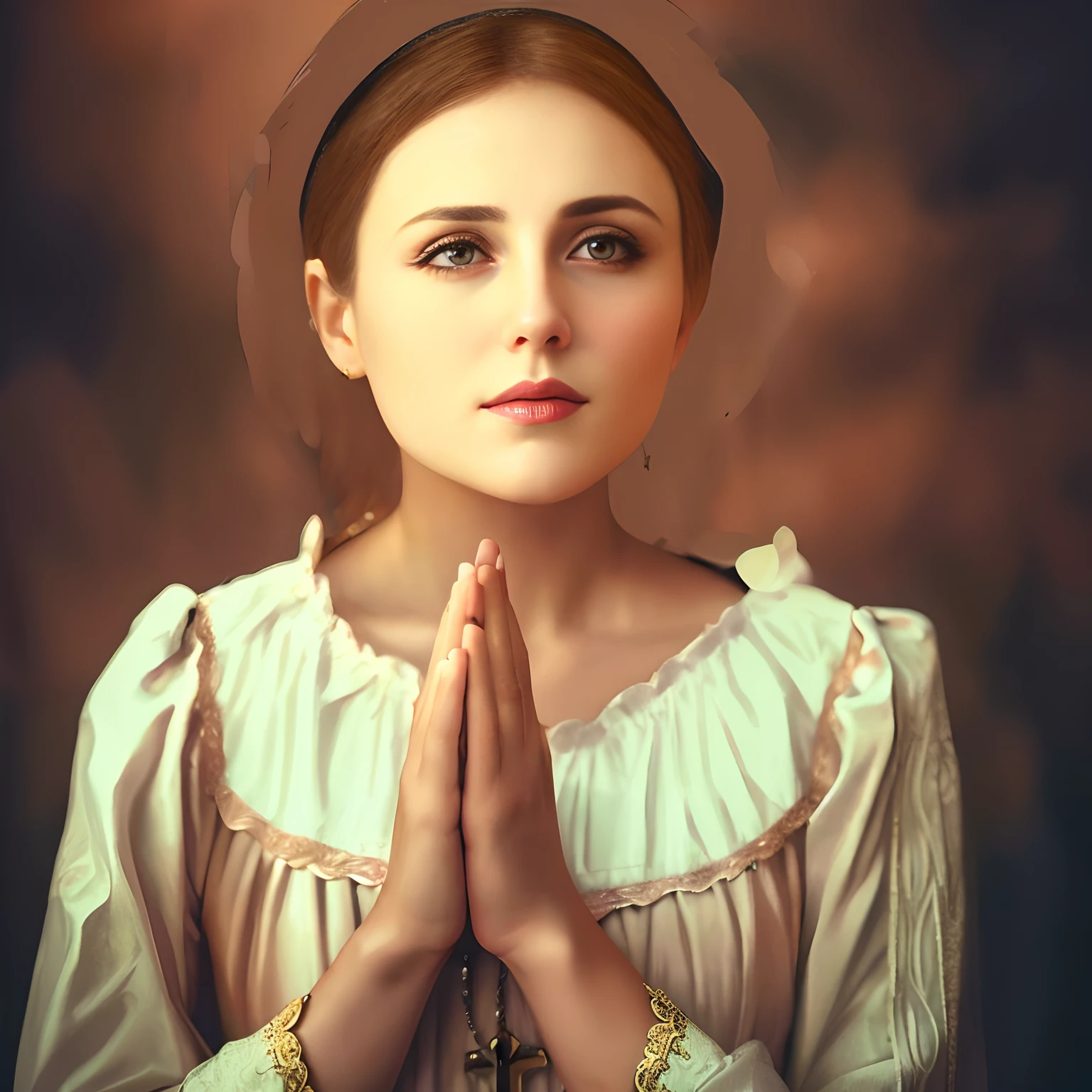 There is a white-skinned woman with a prayerful face and hands in front of her, majestosa mulher de santo, Annasophia Robb como Joana D'Arc, retrato centrado, retrato de alta qualidade, Catholic, Retrato VFX altamente detalhado, Pudica gesto estilo bouguereau, praying posture, santa mulher, religioso, retrato da obra-prima religiosa, como um anjo
