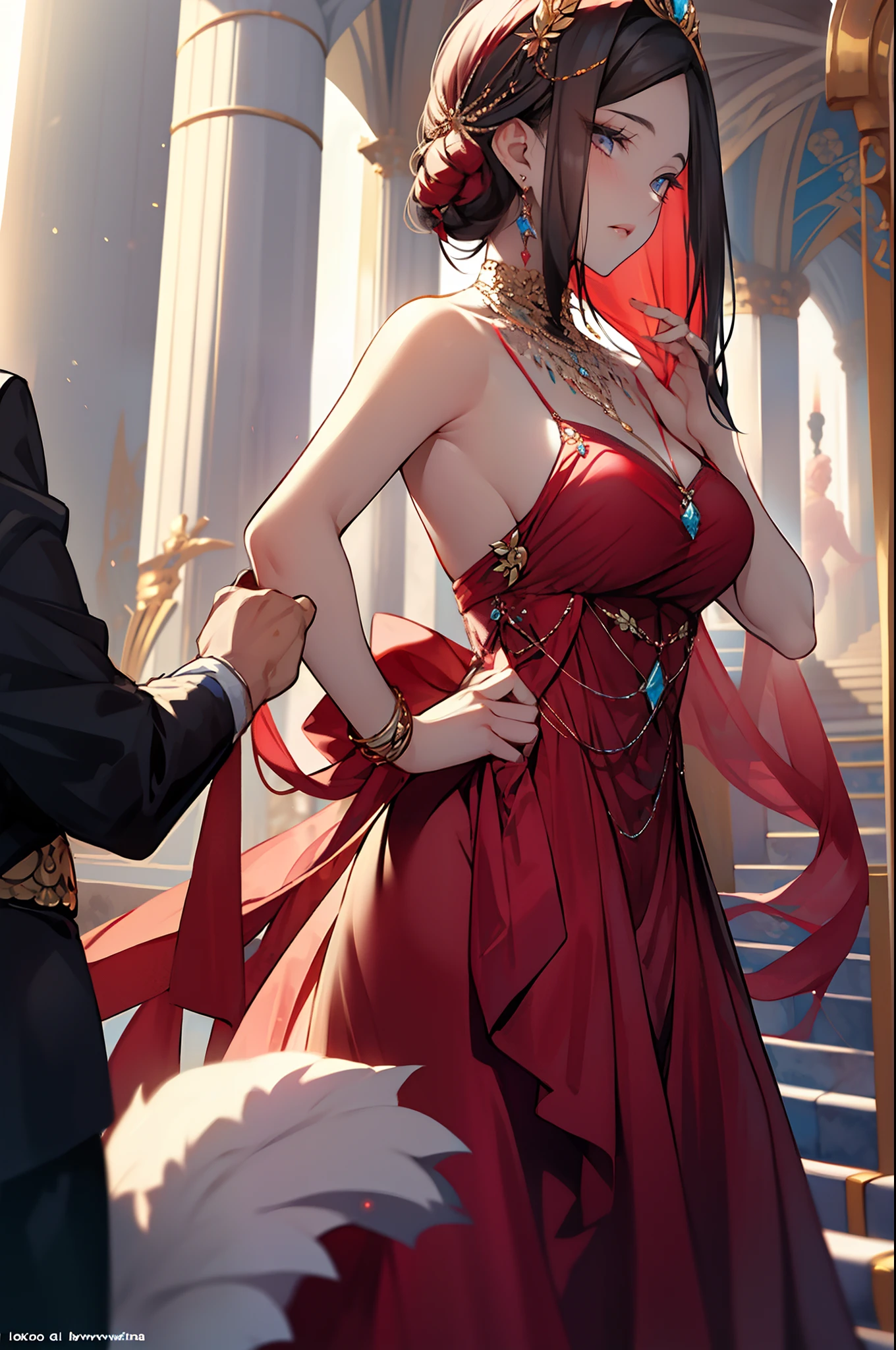 (obra maestra) (La mejor calidad) Una hermosa mujer pelirroja con cabello muy largo que fluye por su espalda, con un impresionante vestido de fiesta negro con escote en V. Ella lleva un par de pendientes de diamantes, un collar de oro fino y varios anillos en sus dedos. Ella lleva tacones altos de un rojo intenso. She is leaving her large mansion to go to an event. vendimia, vendimia, glamour (big breats)