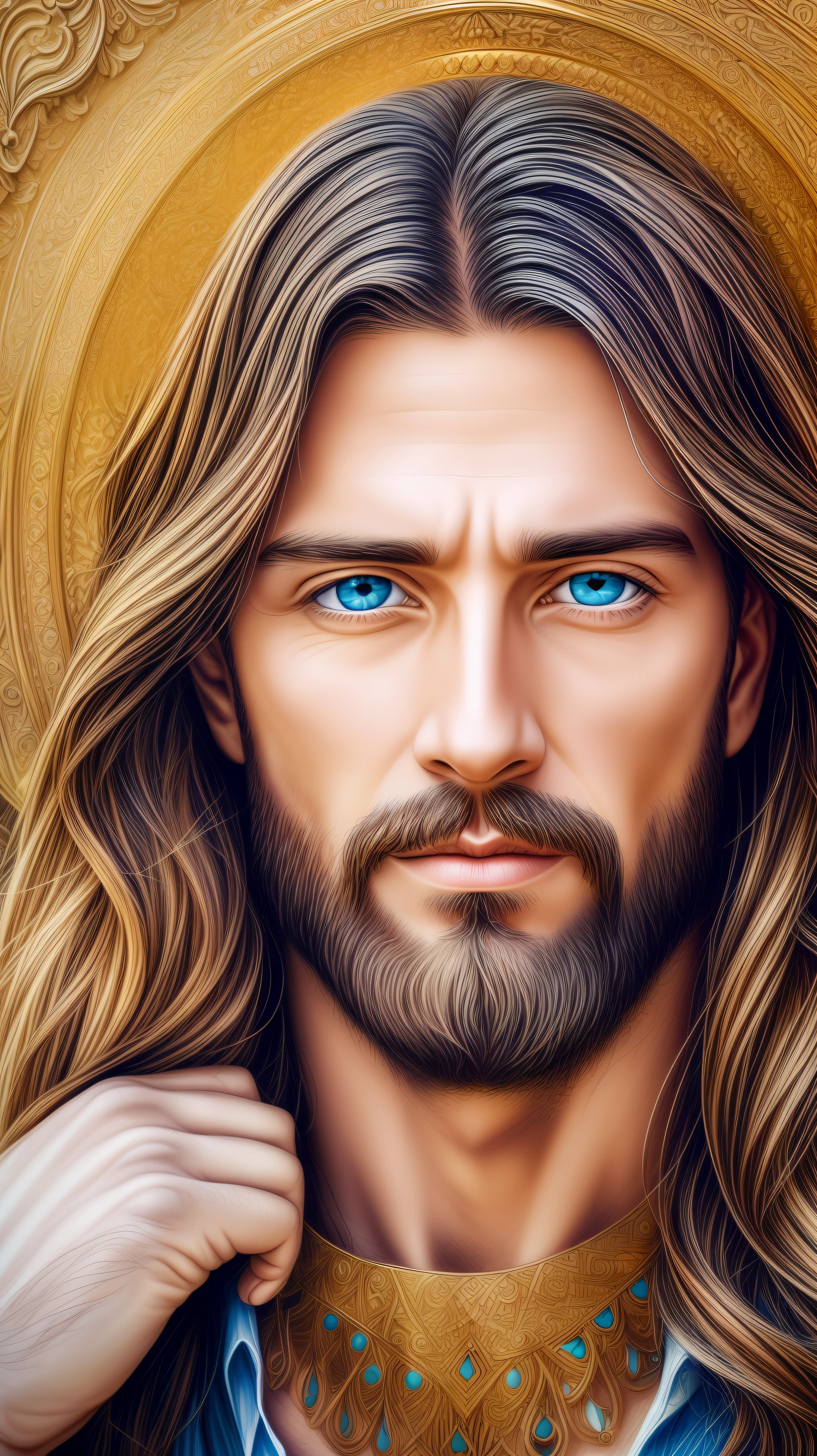 Portrait of a handsome man, Jesus Christ, real blue eyes, sunny day, intricate details.