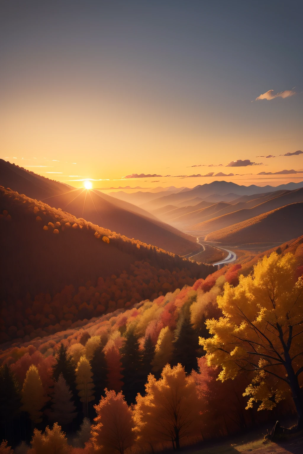 In autumn, the trees are dyed with a dull yellow color，The rolling mountains look even more bleak in the sunset