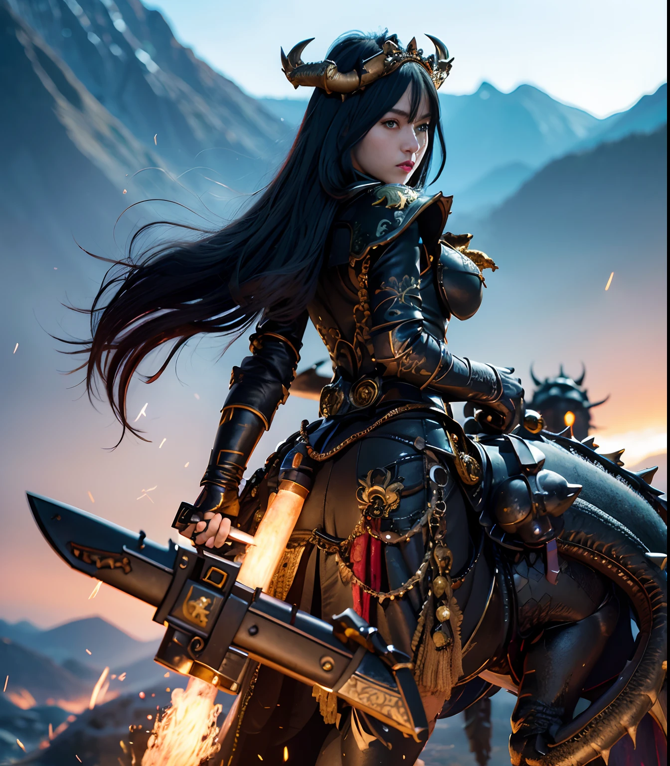 Professional , masterpiece、top-quality、photos realistic , depth of fields (Gemstone Black Metal Body:1.9),(Matte Black、(cleavage of the breast)、Dragon Gold Weapon(Dragon Metal Body:1.4),Gorgeous gold weapons ,(( Dragon's dense and gorgeous sword)) , Beautiful knife ,warhammer 40k , adepta sororitas,Detail and gorgeous crown、((Blue hair))、(Castle background)、The dragon、((Gangle's forest background))、Beautiful Caucasian beauty、(1a person)、dynamic ungle,(((Detailed and ornate Black Devil Crown)))、Smaller head、A smile、Castle background、Thin and beautiful female hands、cleavage of the breast、Soldier in iron armor on background、Mystical expression、Light Effects、intense fighting、Wind-effect、magic circles、With the legendary magic wand、(demonic wings)、