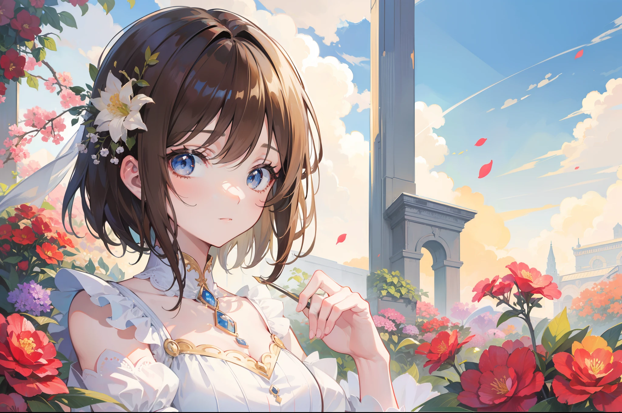 Official Art, Masterpiece European female, elvish, short hair, pale brown hair , brown eyes, (masterpiece、top-quality、hight resolution: 1.4),in 8K, Drawing of a woman with short pale brown hair, Anime Art Nouveau, highly detailed exquisite fanart, anime fantasy illustration, clean detailed anime art, detailed anime art, Sharp Focus, Delicate Beautiful Hair and Eyes and Face, realisitic, ultra-detailliert, flower garden,