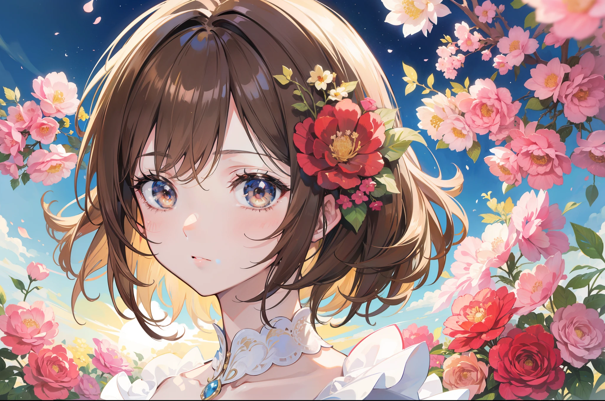 Official Art, Masterpiece European female face, short hair, lightbrown hair, brown eyes , flower garden , (​masterpiece、top-quality、hight resolution: 1.4),in 8K, Drawing of a woman with short lightbrown hair, Anime Art Nouveau, highly detailed exquisite fanart, anime fantasy illustration, clean detailed anime art, detailed anime art, Sharp Focus, Delicate Beautiful Hair and Eyes and Face, realisitic, ultra-detailliert, a beauty girl, sunlight