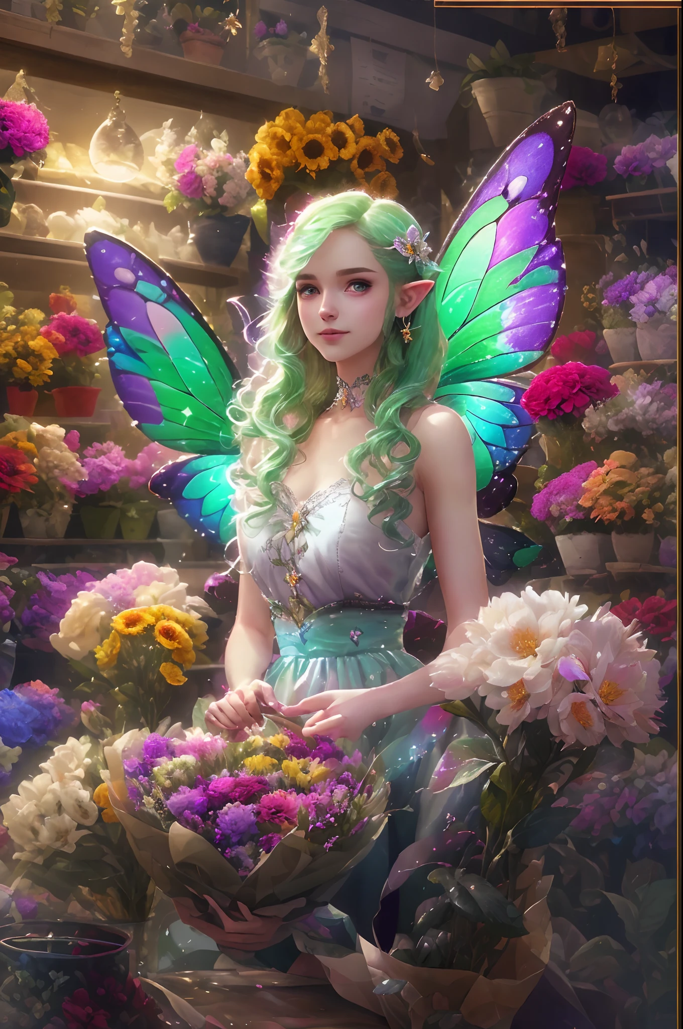 high details, best quality, 16k, RAW, [best detailed], masterpiece, best quality, (extremely detailed), full body, ultra wide shot, photorealistic, fantasy art, RPG art, D&D art, a picture of a fairy selling flowers in a florist shop, extremely beautifil fairy, ultra feminine (intense details, Masterpiece, best quality), butterfly wings (intense details, Masterpiece, best quality), multy colors wings (intense details, Masterpiece, best quality), light green hair, long hair, shinning hair, flowing hair, shy smile, innocent smile, blue eyes, wearing bright skirt, dynamic elegant shirt, chocker, wearing high heels, in flower shop (intense details, Masterpiece, best quality), extreme many flowers (intense details, Masterpiece, best quality), colorful flowers (intense details, Masterpiece, best quality), flower shop in a modern era street, High Detail, Ultra High Quality, High Resolution, 16K Resolution, Ultra HD Pictures, Ultra Realistic, Clear Details, Realistic Detail, Ultra High Definition