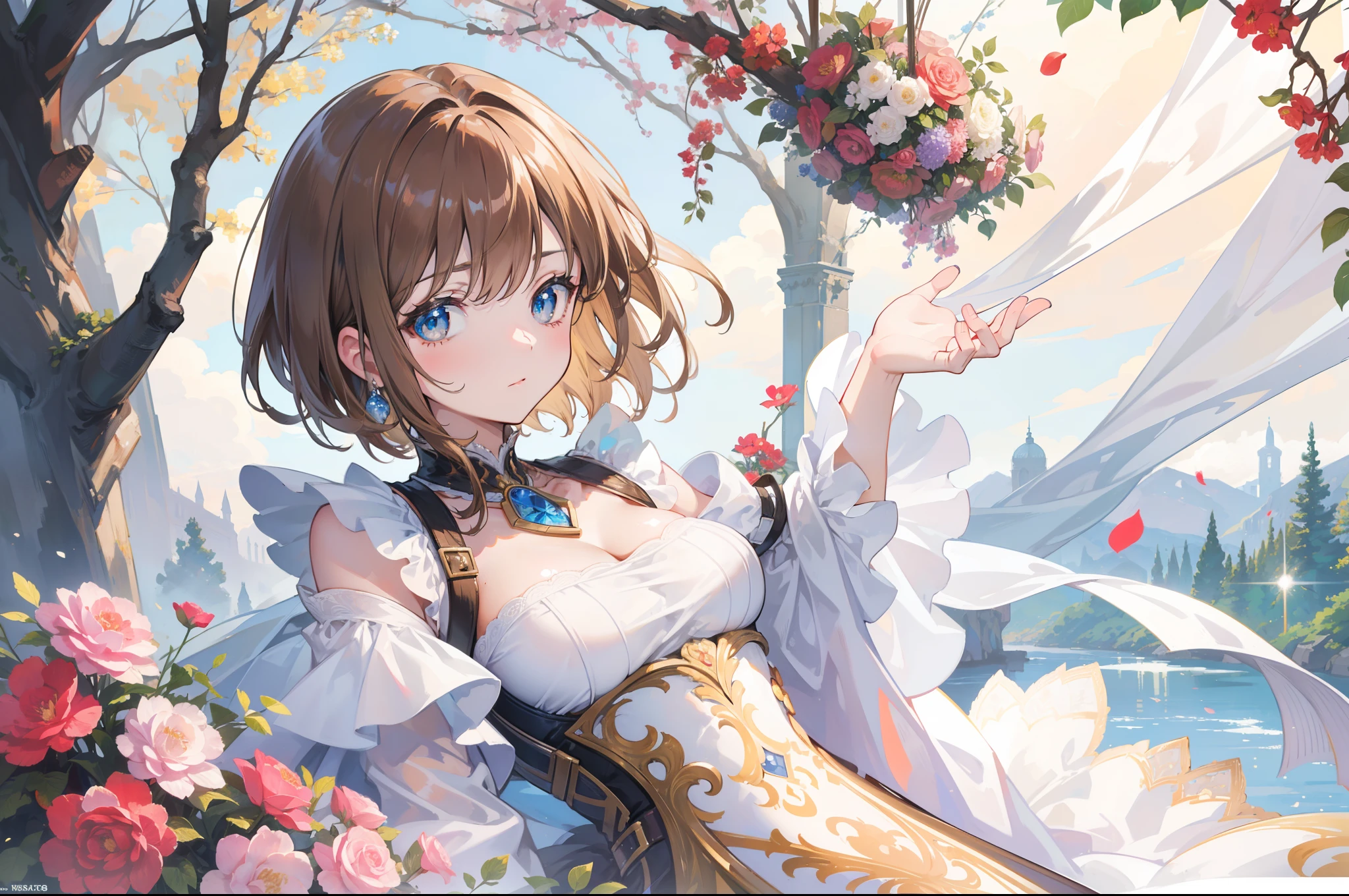 Official Art, Masterpiece European female face, short hair, lightbrown hair, brown eyes , flower garden , (​masterpiece、top-quality、hight resolution: 1.4),in 8K, Drawing of a woman with short lightbrown hair, Anime Art Nouveau, highly detailed exquisite fanart, anime fantasy illustration, clean detailed anime art, detailed anime art, Sharp Focus, Delicate Beautiful Hair and Eyes and Face, realisitic, ultra-detailliert, a beauty girl, sunlight