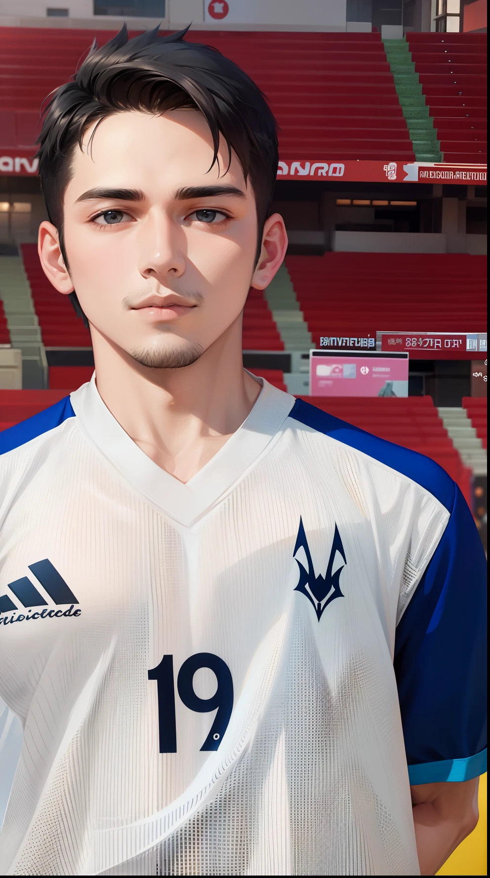 Attractive profile picture, 1 guys, masterpiece, ultra-precise rendering, beautiful and cool young man, trustworthy, dependable young man, savior of the world, simple design, most beautiful image, 4K,  v neck, black hair, facial hair, head bat in shirt.