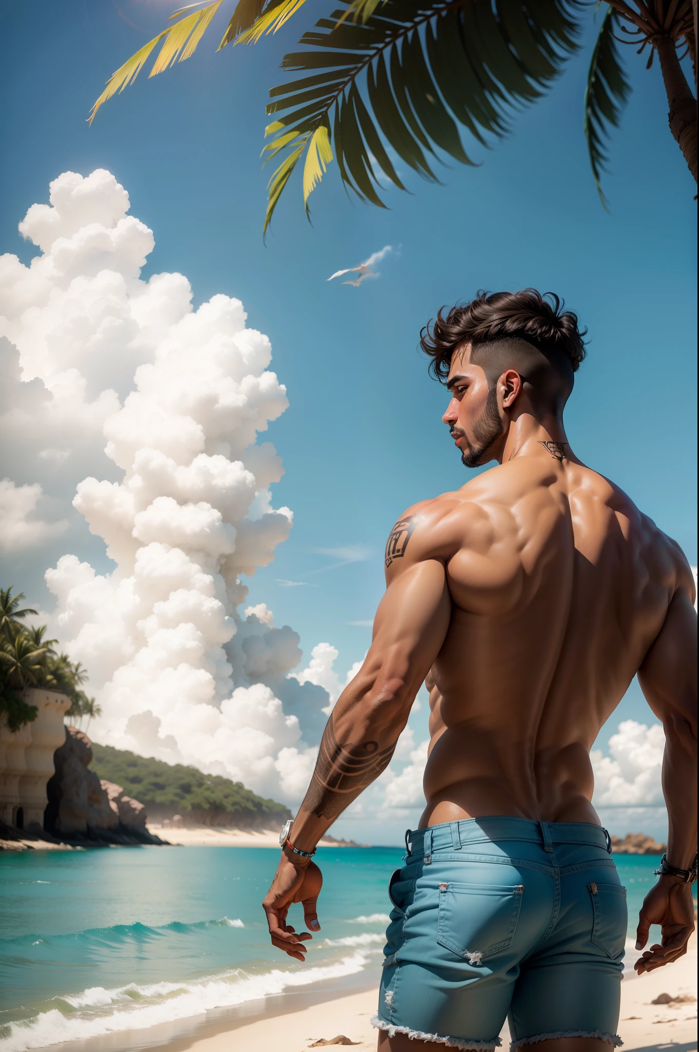 de costas homem de joelho em uma praia deserta, realista, 4k high res, Melodramatico, triste, hoop. paisagem, luto