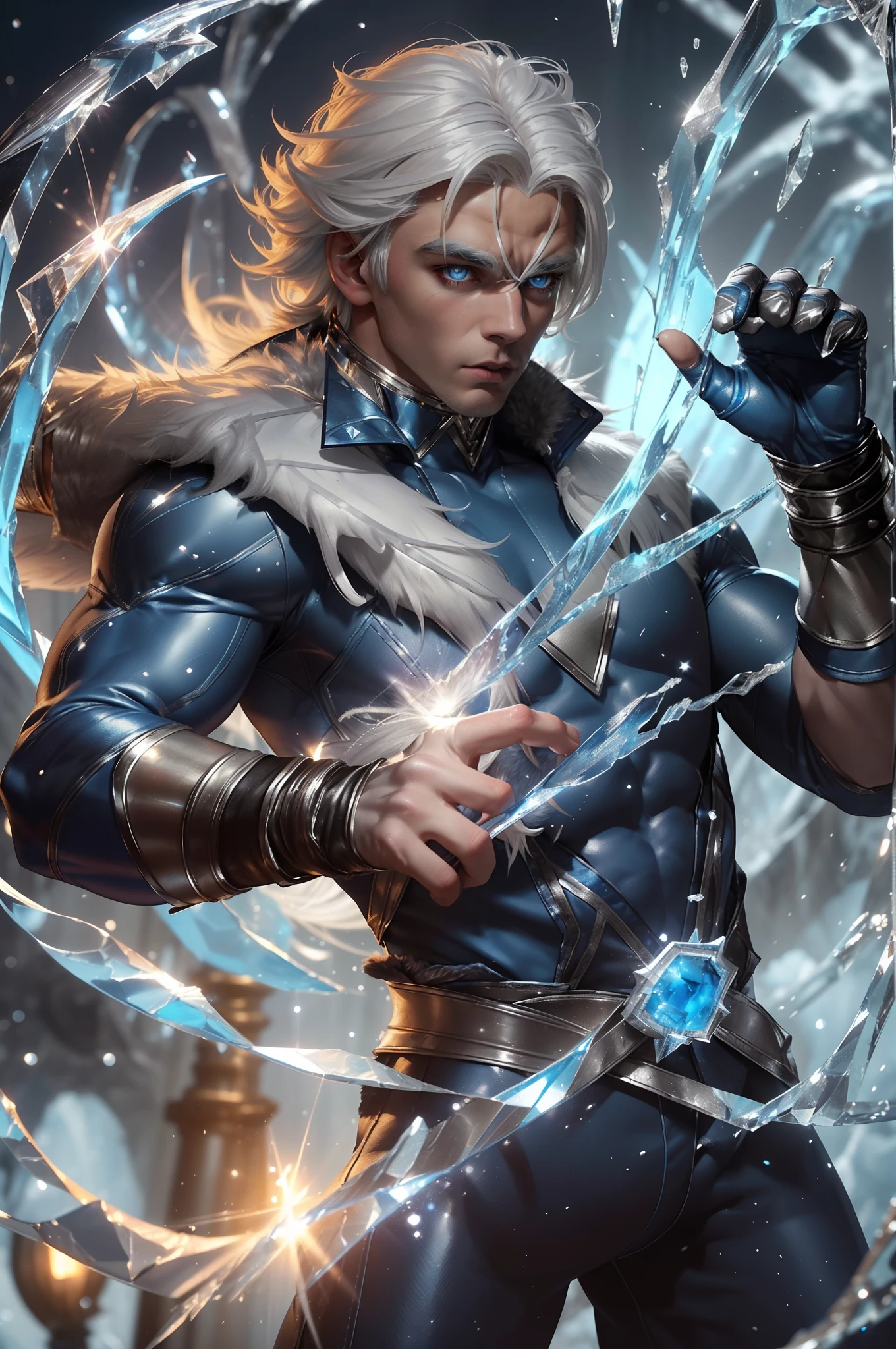 super-hero, muscular man, 25-year-old, (white hair:1.5), blue eyes, (blue and silver costume with fur collar:1.5), ((blue fingerless gloves)), ice bursting from his hands, surrounded by ice, frost, icicles, photorealistic, particle effects, raytracing, depth of field,