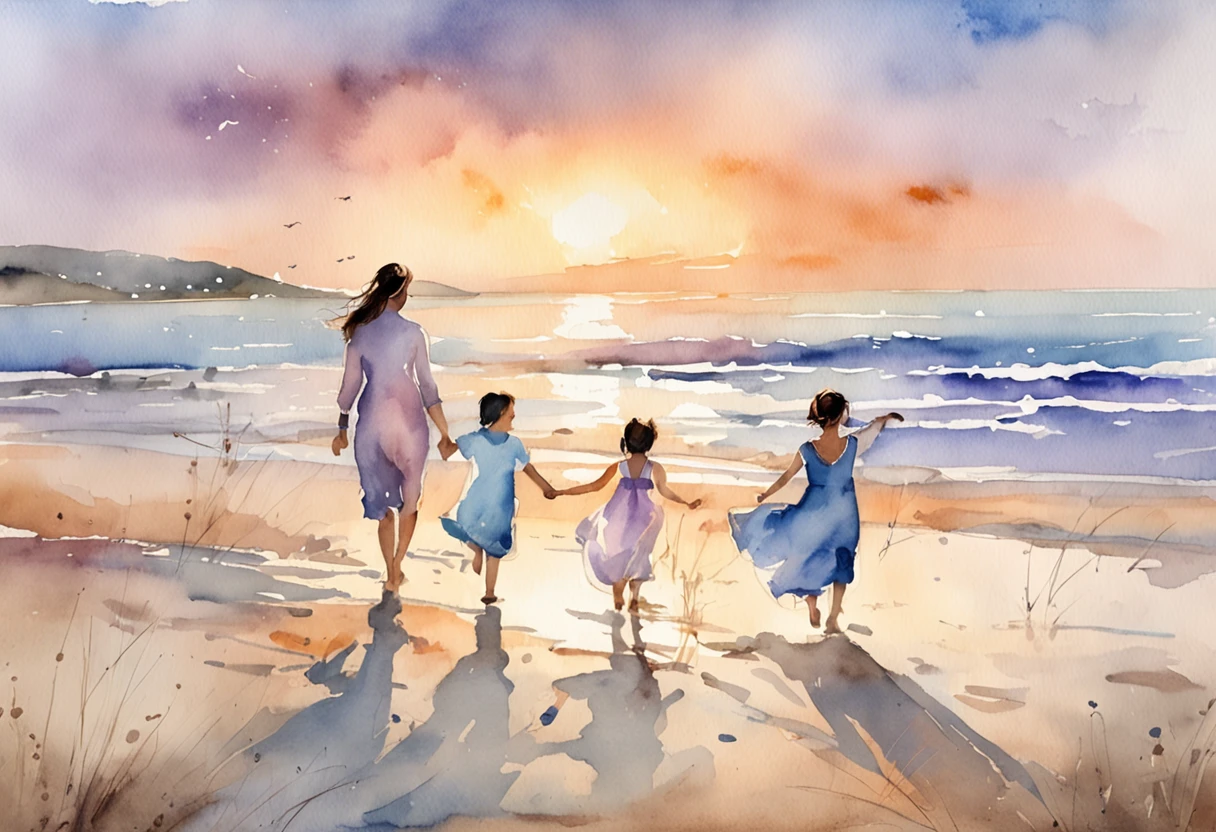 When the sun sets on the beach, A father and two 20-year-old daughters、Playfully chasing my 5--old  along the coastline. The sky is painted with a breathtaking palette of soft pastel colors - dusty blue, Gentle pink, And dreamy lavender. The scene evokes tranquility and togetherness, Beautifully captured through the lens of a watercolorist.