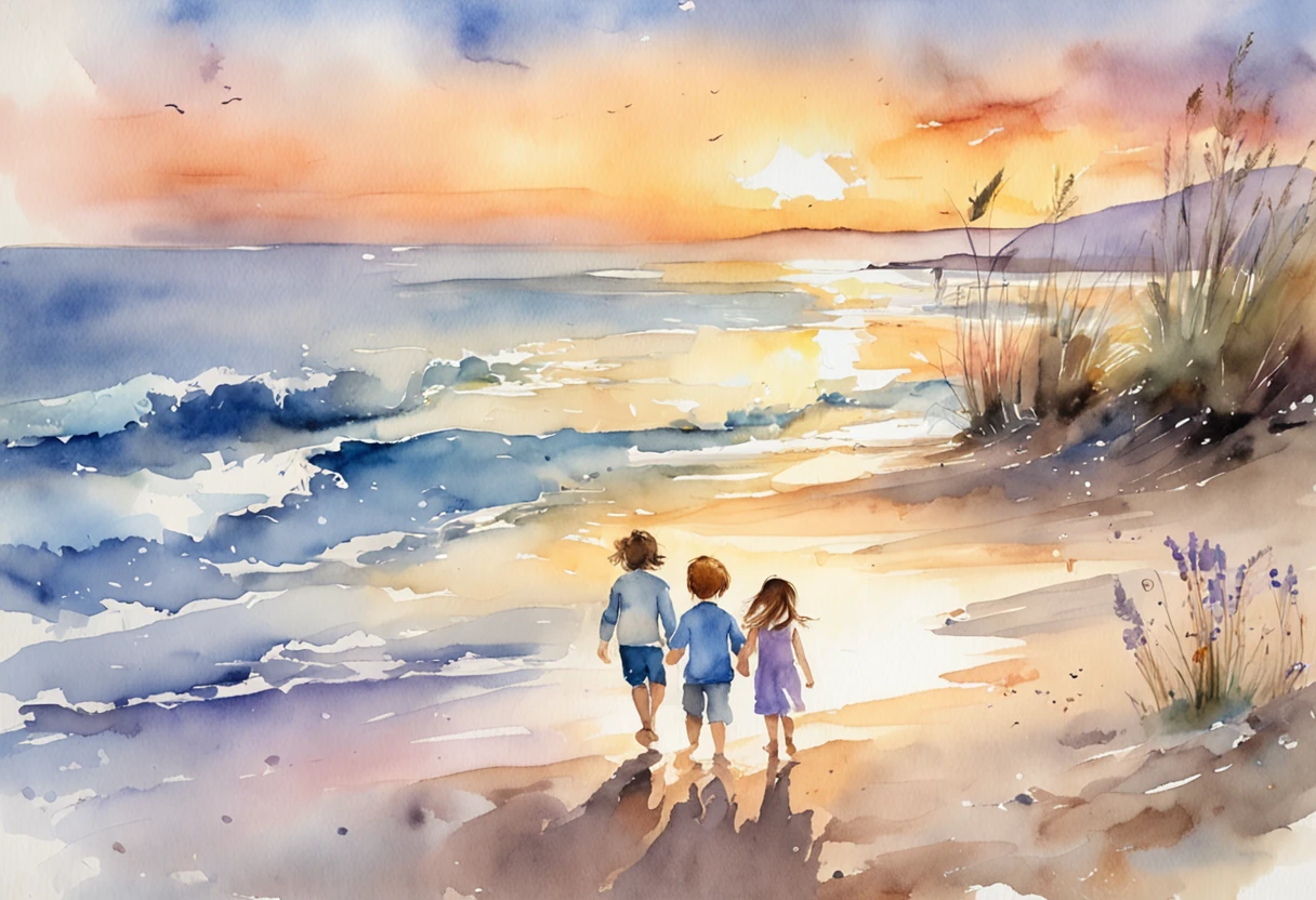 When the sun sets on the beach, A father and two 20-year-old daughters、Playfully chasing my 5--old along the coastline. The sky is painted with a breathtaking palette of soft pastel colors - dusty blue, Gentle pink, And dreamy lavender. The scene evokes tranquility and togetherness, Beautifully captured through the lens of a watercolorist.