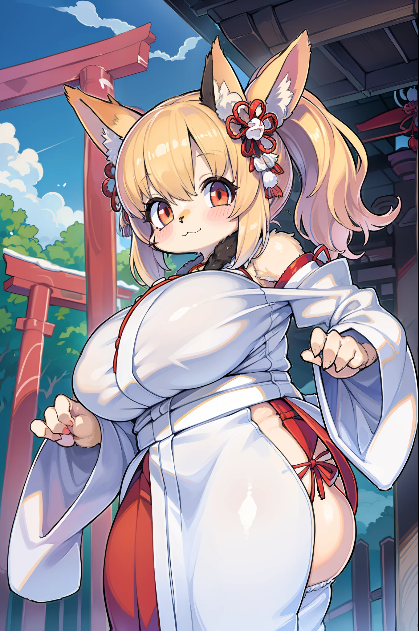 Fox Woman、body covered with fur、huge-breasted、kawaii、shrine maiden、Japan white clothes,Red Hakama、torii gate,summer day、From below、Wide Shot、Very Wide Shot