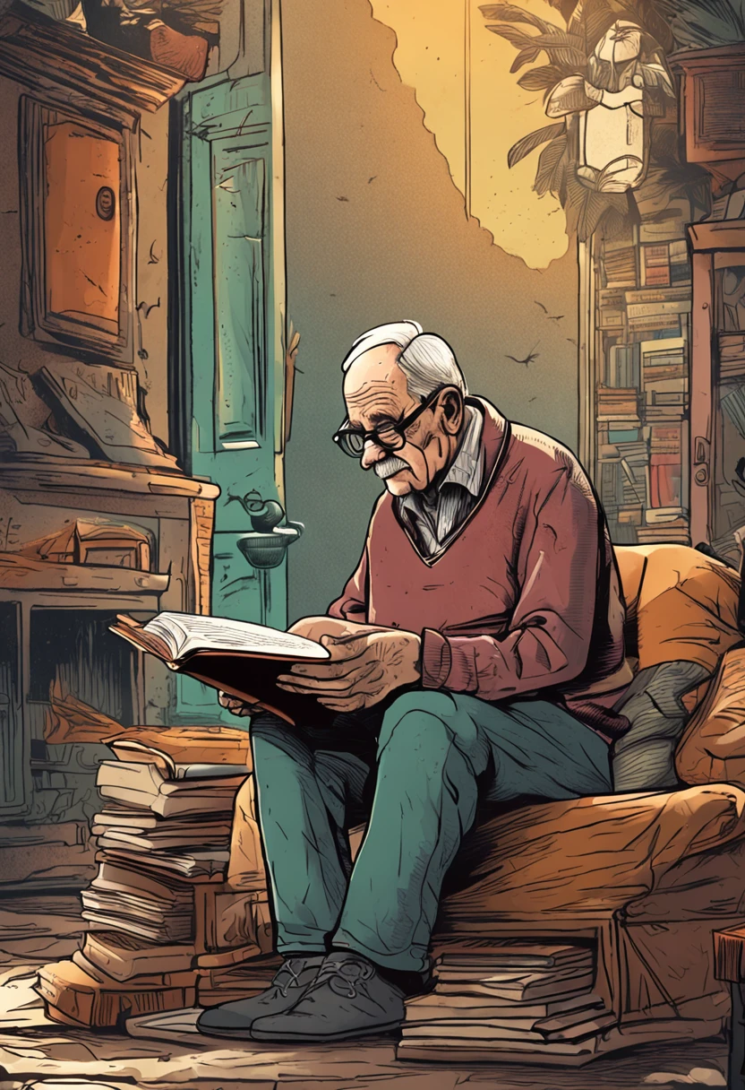 an incredibly detailed illustration of an elderly man reading a book, com alta qualidade