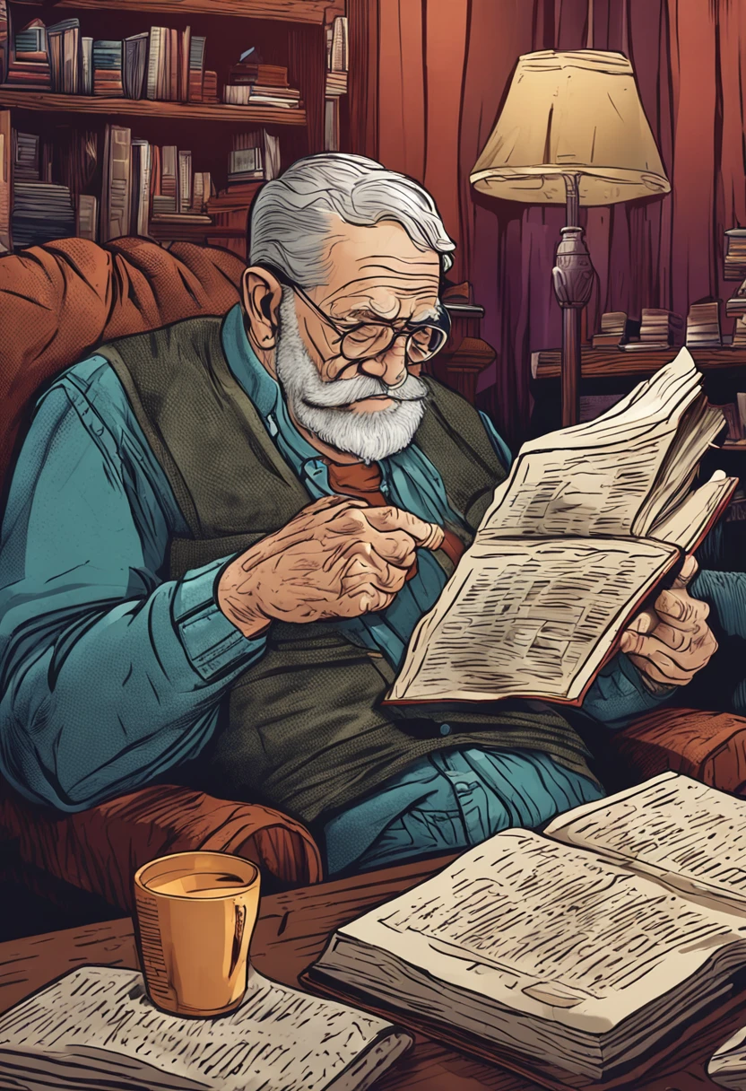 an incredibly detailed illustration of an elderly man reading a book, com alta qualidade
