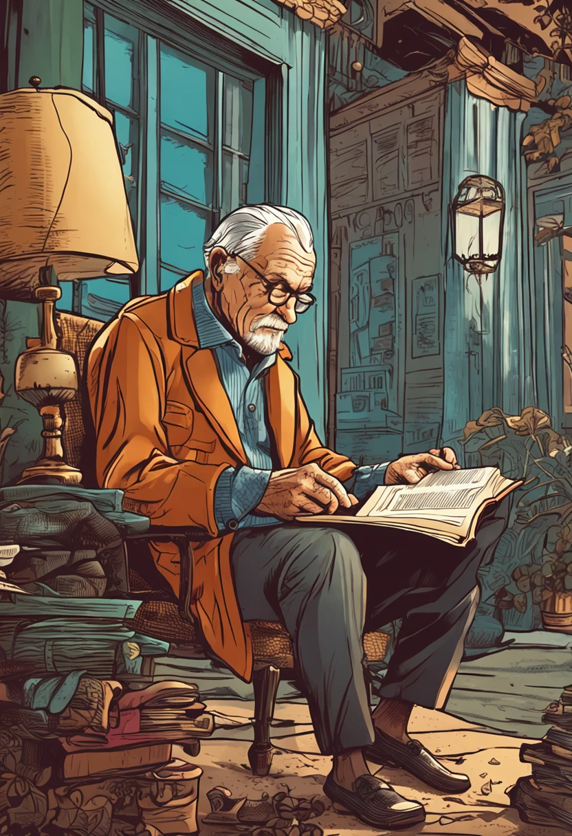 an incredibly detailed illustration of an elderly man reading a book, com alta qualidade