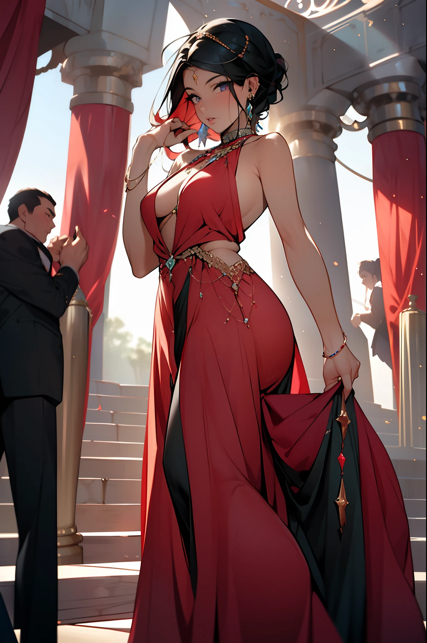 (obra maestra) (La mejor calidad) Una hermosa mujer pelirroja con cabello muy largo que fluye por su espalda, con un impresionante vestido de fiesta negro con escote en V. Ella lleva un par de pendientes de diamantes, un collar de oro fino y varios anillos en sus dedos. Ella lleva tacones altos de un rojo intenso. She is leaving her large mansion to go to an event. vendimia, vendimia, glamour (big breats)