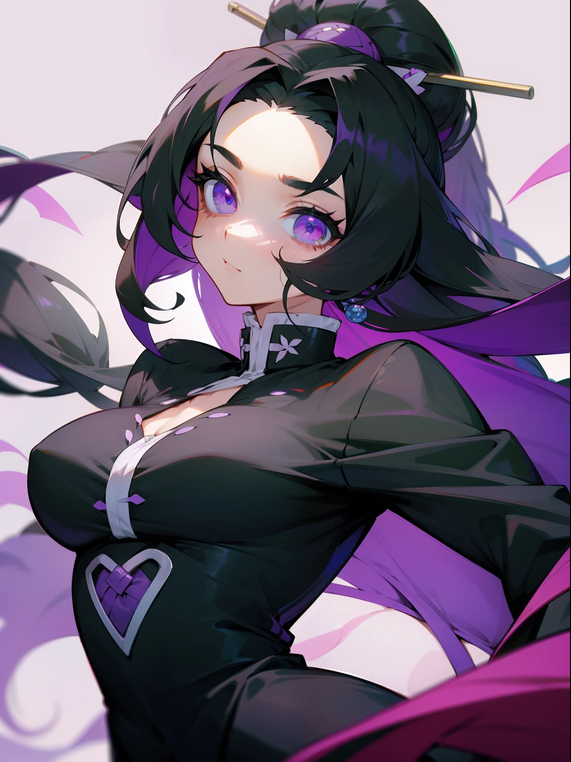 A black haired woman with violet eyes with an hourglass figure with black fox ears and a black fox tail in a Gothic lolita dress is balancing on a rock at the park with a big smile