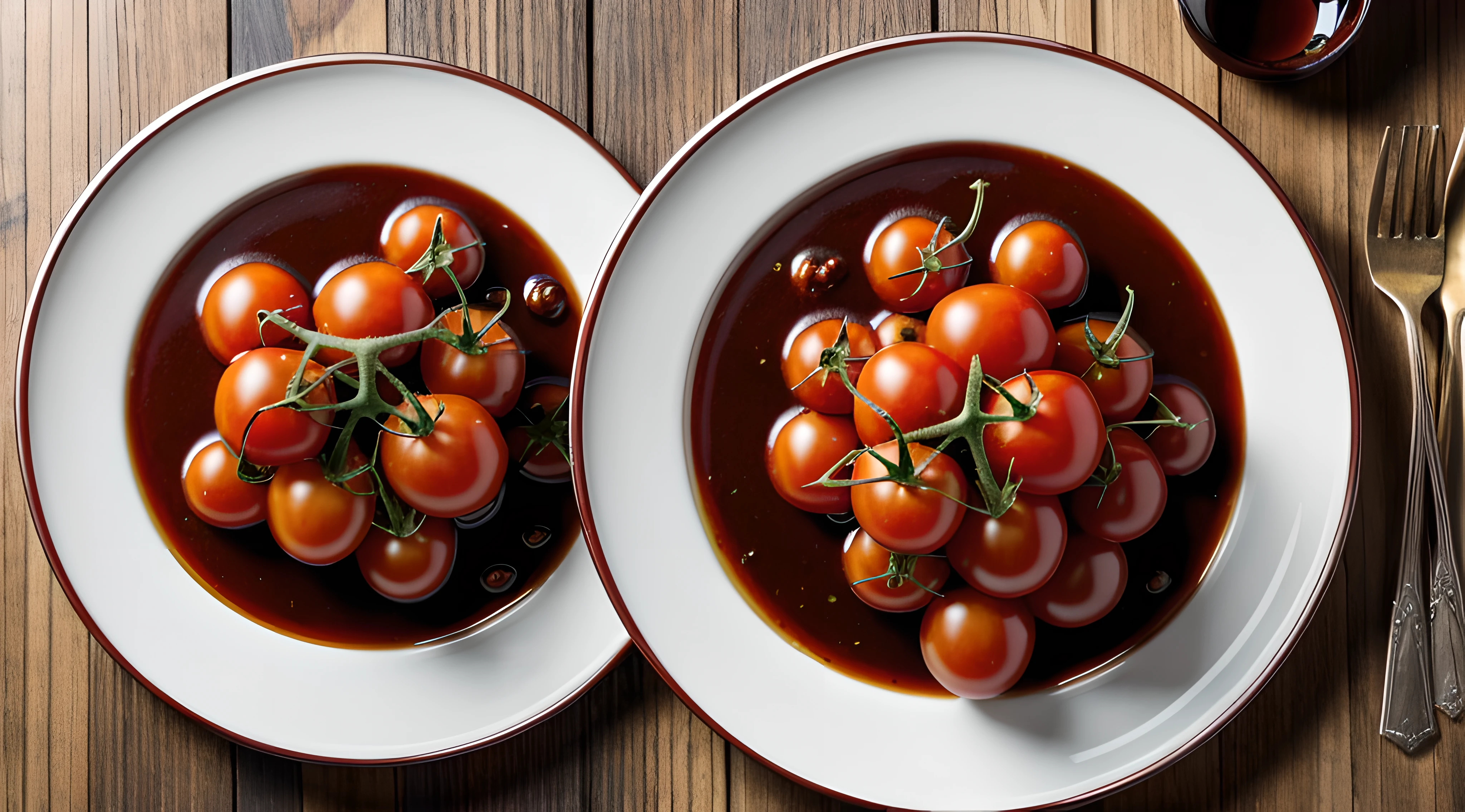 "Generate an ultra-high definition image of succulent cherry tomatoes, glistening and nestled in a plate of rich balsamic vinegar that awakens the senses and tempts the palate. Utilize advanced macro photography techniques to capture the vibrant colors and textures of the tomatoes.
Position the camera at an angle that showcases the tomatoes submerged in the balsamic vinegar, employing a shallow depth of field to focus on the main subject while allowing the background to gently blur into an appealing backdrop.
Utilize soft, diffused lighting to enhance the juicy appearance of the tomatoes and create natural highlights that evoke a sense of freshness. Experiment with composition to create an inviting setup that draws the viewer's gaze to the delectable arrangement.
Capture the tomatoes at a peak state of ripeness and juiciness, emphasizing the richness of their color and the lusciousness of their texture. Implement post-processing techniques to refine the image's contrast, sharpness, and color balance, ensuring that every tomato and droplet of vinegar is rendered in mouthwatering detail.
Enhance the color palette to bring out the vibrant reds of the tomatoes and the dark tones of the balsamic vinegar, creating a visually striking and appetizing image.
Ultimately, create a scene that entices the viewer to savor the simple pleasures of fresh food, capturing the essence of culinary delight in an image that exudes hunger-inducing charm."