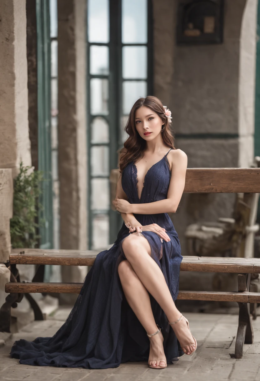 Perfect Figure, Single Woman, Long Dress, Deep Slit, Long Hair, Cafe Terrace, Date, Meeting, Sitting on a Chair, Skirt Up, Show Underwear