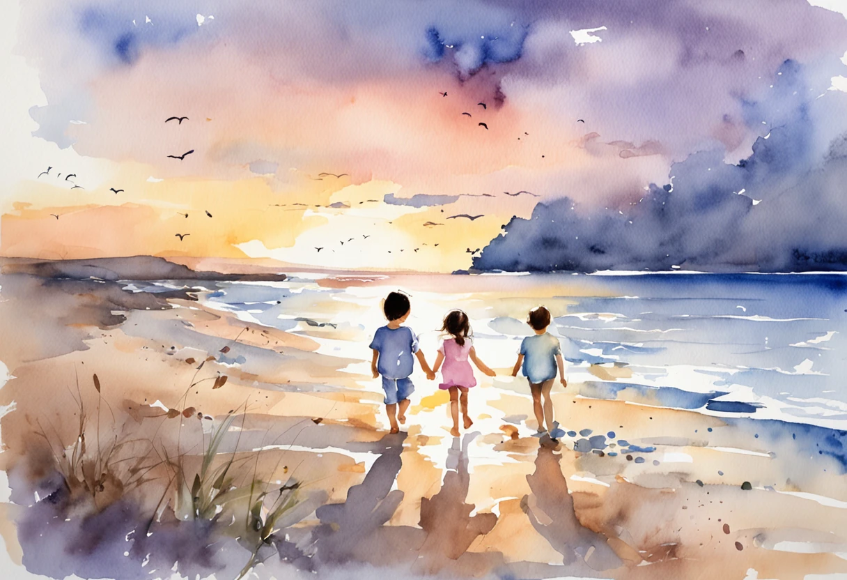 When the sun sets on the beach, A father and two 20-year-old daughters、Playfully chasing my 5--old along the coastline. The sky is painted with a breathtaking palette of soft pastel colors - dusty blue, Gentle pink, And dreamy lavender. The scene evokes tranquility and togetherness, Beautifully captured through the lens of a watercolorist.