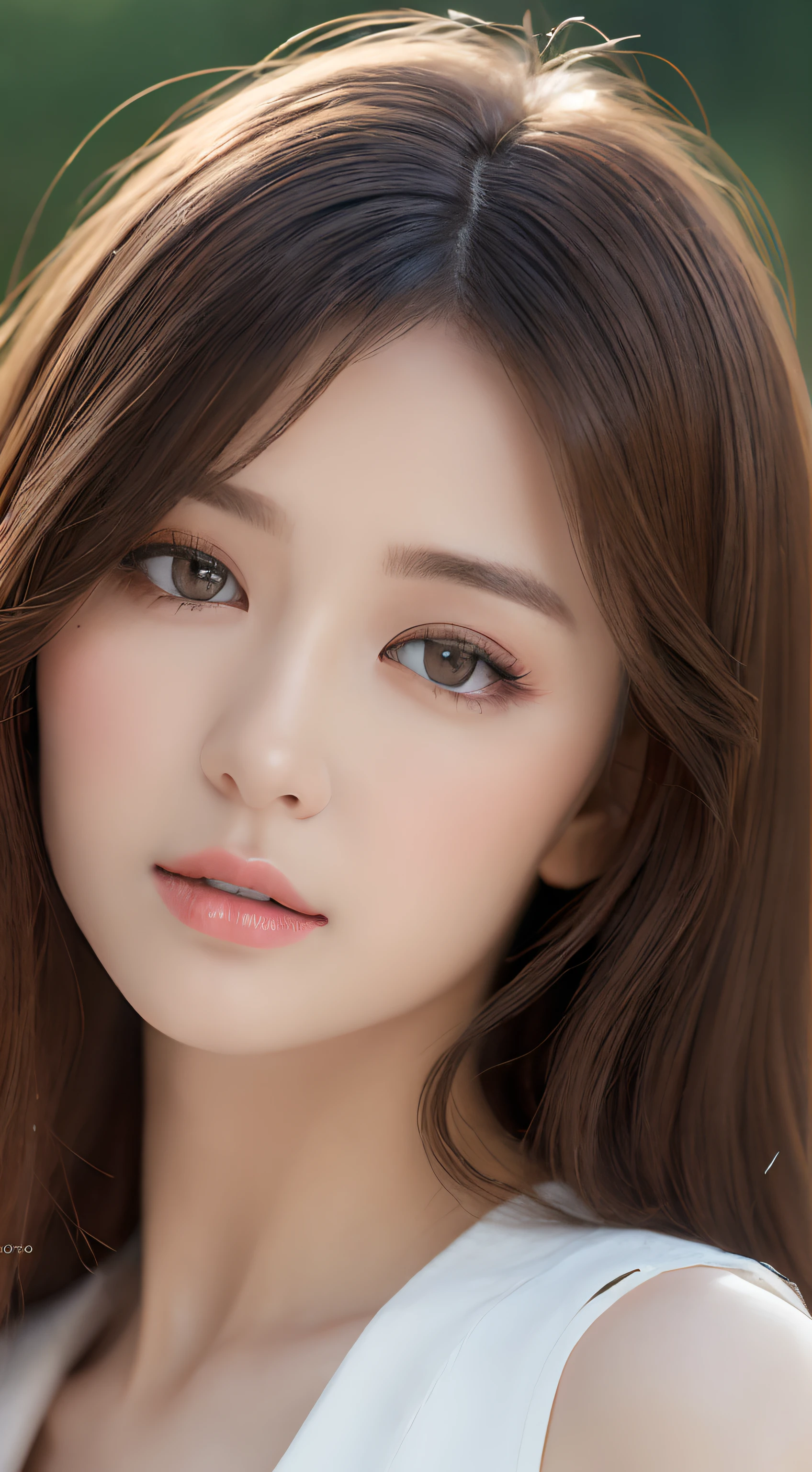 ((Best quality, 8k, Masterpiece :1.3)), Sharp focus :1.2, A pretty woman with perfect barbie nose :1.4, right side :1.2, ((Dark brown hair :1.2)), (Natural light, photo studio:1.1), Highly detailed face and skin texture, Detailed eyes, Double eyelid