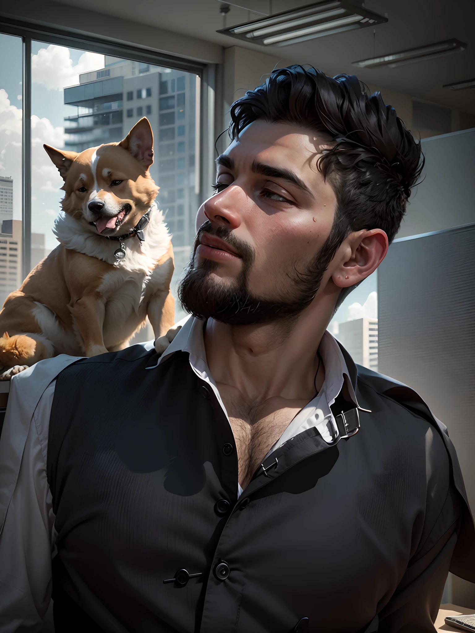 man in a black suit with a dog's head, sitting in an office, in the background a large window overlooking a city full of buildings