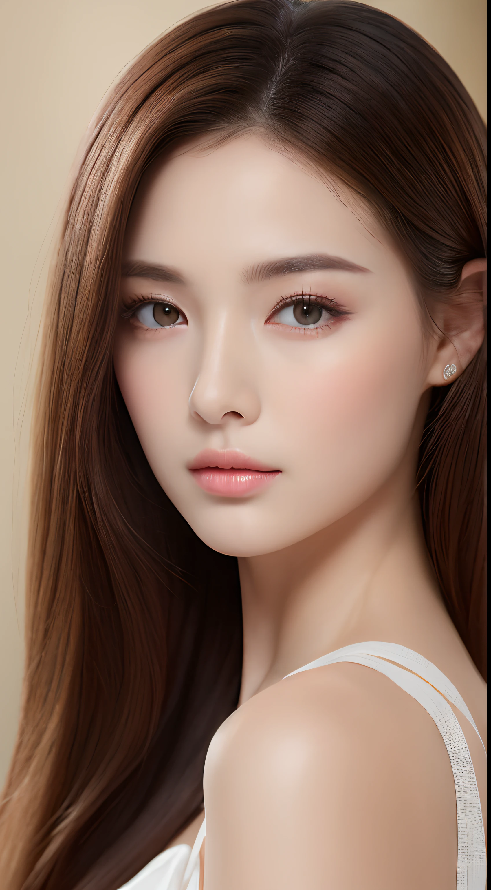 ((Best quality, 8k, Masterpiece :1.3)), Sharp focus :1.2, A pretty woman with perfect barbie nose :1.4, right side :1.2, ((Dark brown hair :1.2)), (Natural light, photo studio:1.1), Highly detailed face and skin texture, Detailed eyes, Double eyelid