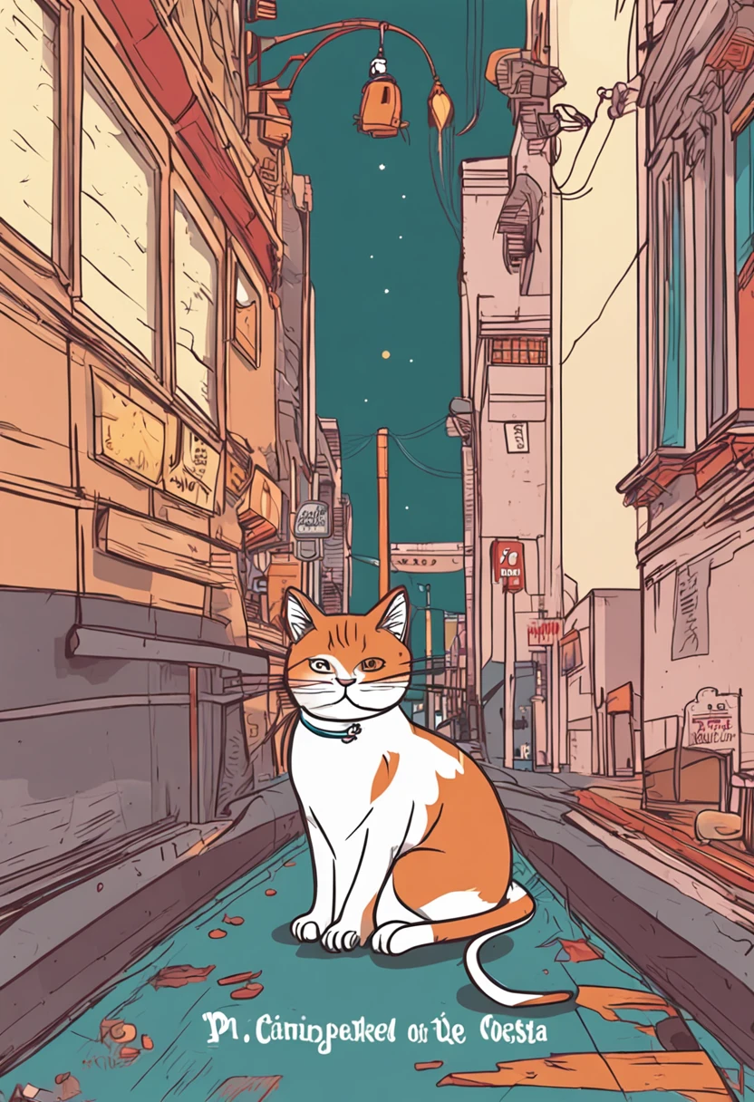 um gato sentado de costas olhando pra camera, bem cartunesco e estilizado, fundo solido, gato com uma coleira, pingente com a letra P, uma estrela em orbita do gato