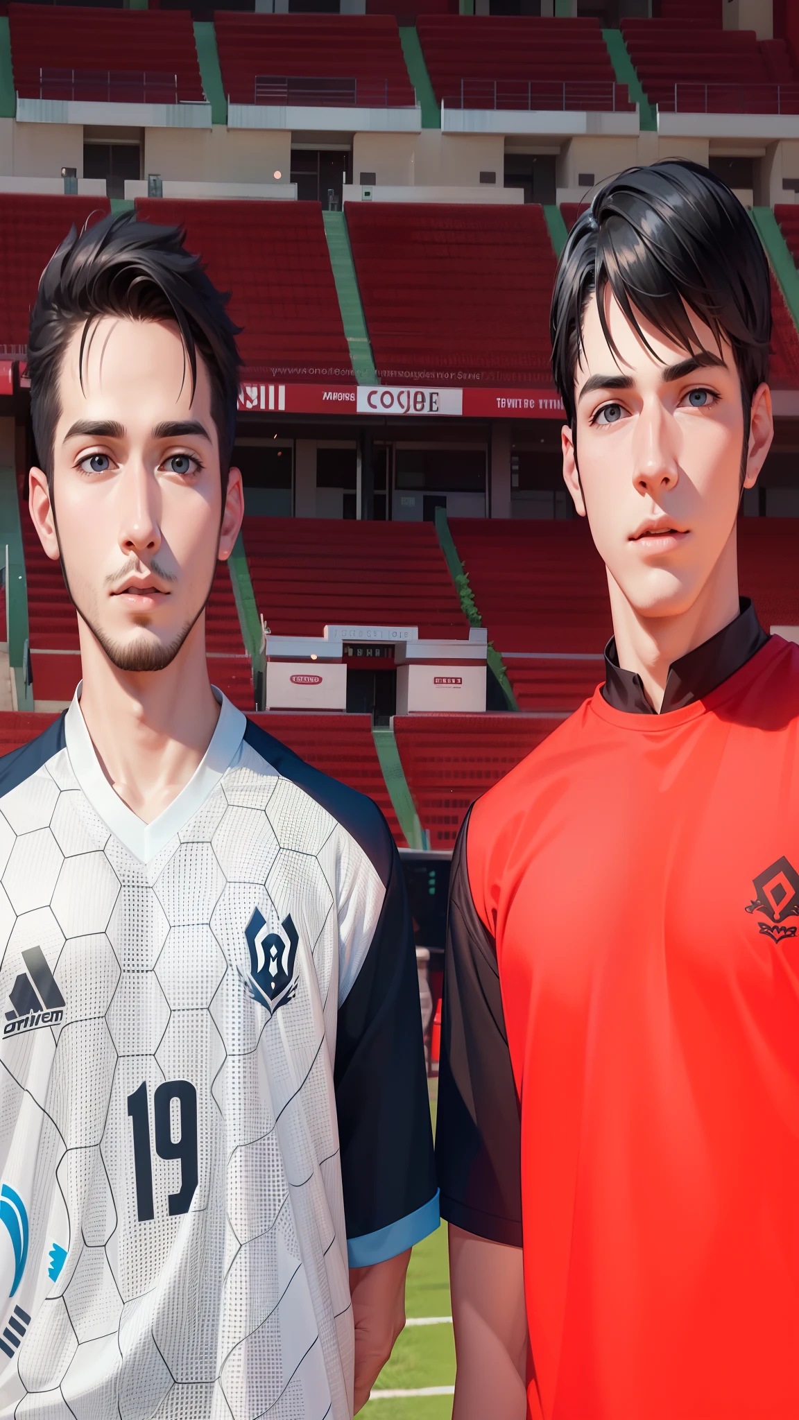 Attractive profile picture, 2 handsome guys, masterpiece, ultra-precise rendering, beautiful and cool young man, trustworthy, dependable young man, savior of the world, simple design, most beautiful image, 4K, v neck, facial hair, black hair.