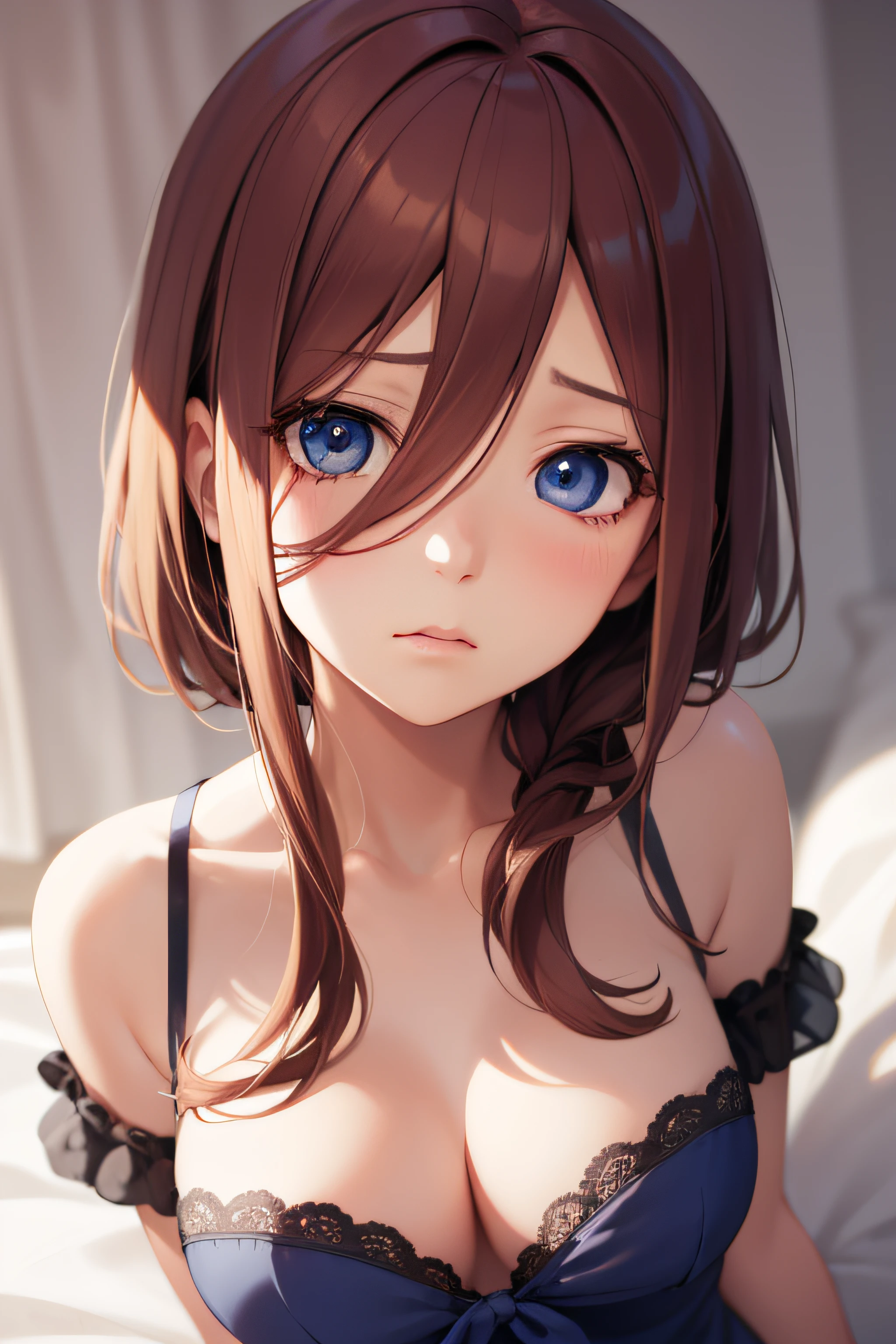 2d, sketch art, one anime woman, sad, brown hair, busty, medium breasts, cleavage, POV, close up, nightgown, (detailed eyes, beautiful eyes), ((blue eyes)), bedroom