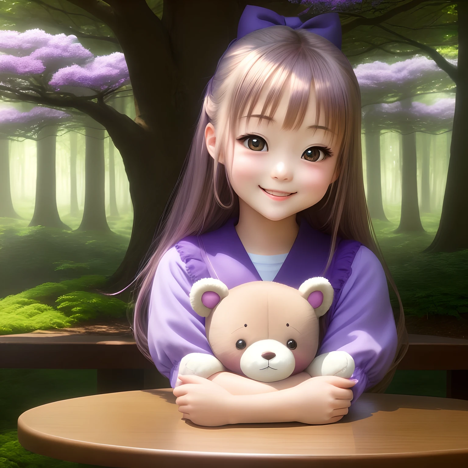 Cute kawaii Tonkinese girl smiling and holding kawaii teddy bear in a box, leaning over a table in a magical forest with large purple flowers and blue trees