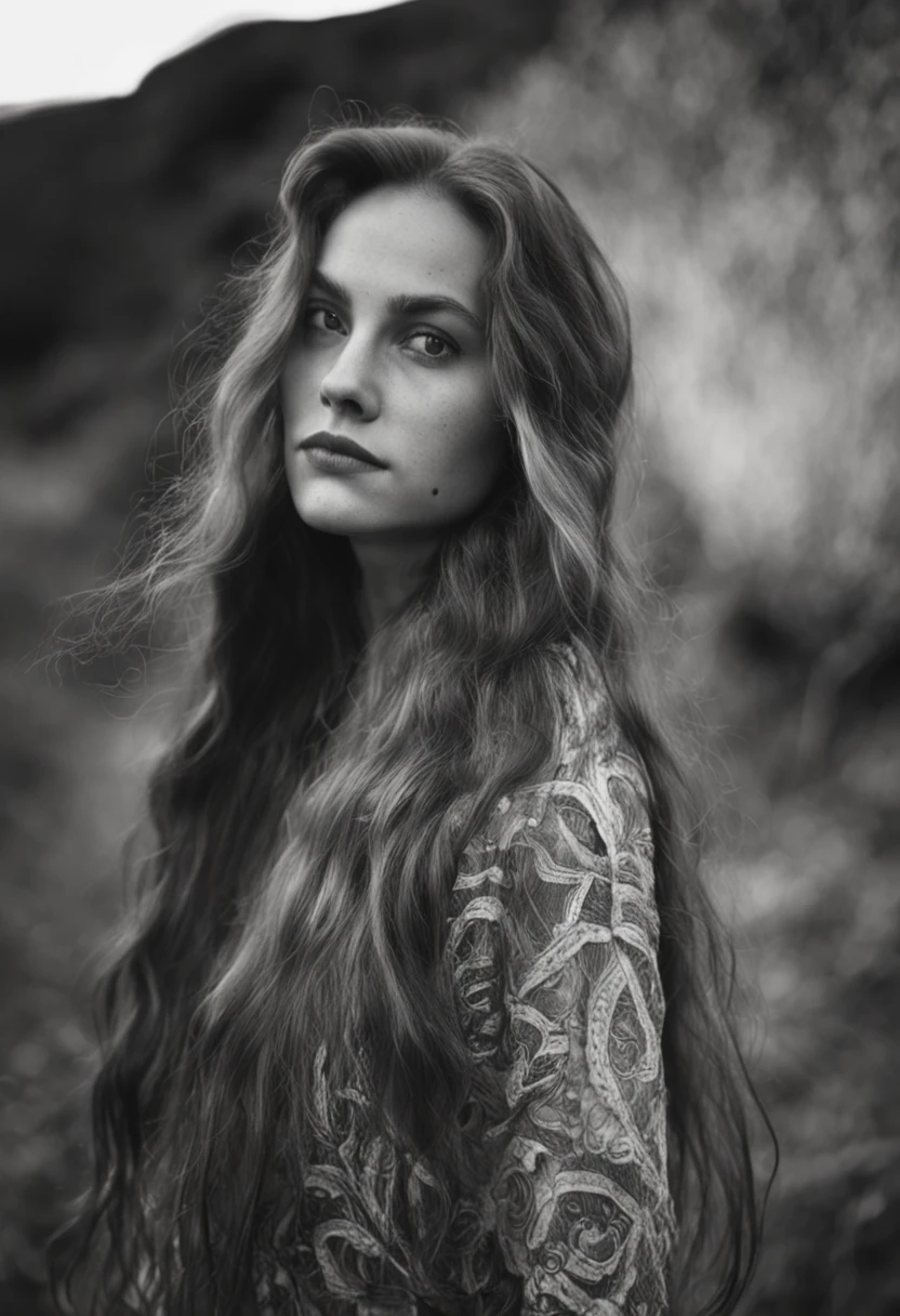 arafed black and white photo of a woman with long hair, a black and white photo by Stan Galli, tumblr, renaissance, in her early 20s, taken in the early 1990s, in her early 3 0, around 1 9 years old, taken in the late 1980s, 90s photo