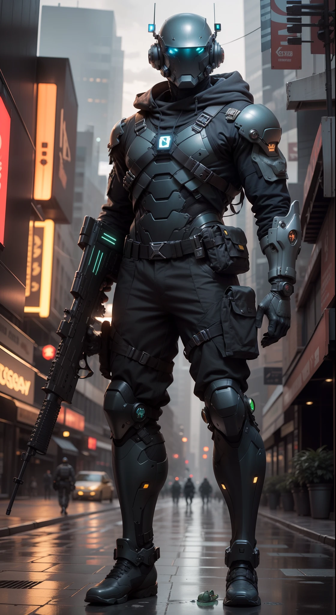 1man, a futuristic-looking male military commander with a fantastic ((square cyberhelmet head with blue lights)) and a pair of mechanical feet, wearing a pair of ((iron grey gloves)), no shoes, dressed in ((grey FROG suit)), standing in cyberpunk city, holding weapon, holding gun, rifle, handgun, assault rifle, wearing epTactical, face focus, UHD, anatomically correct, best quality, masterpiece, full body panel