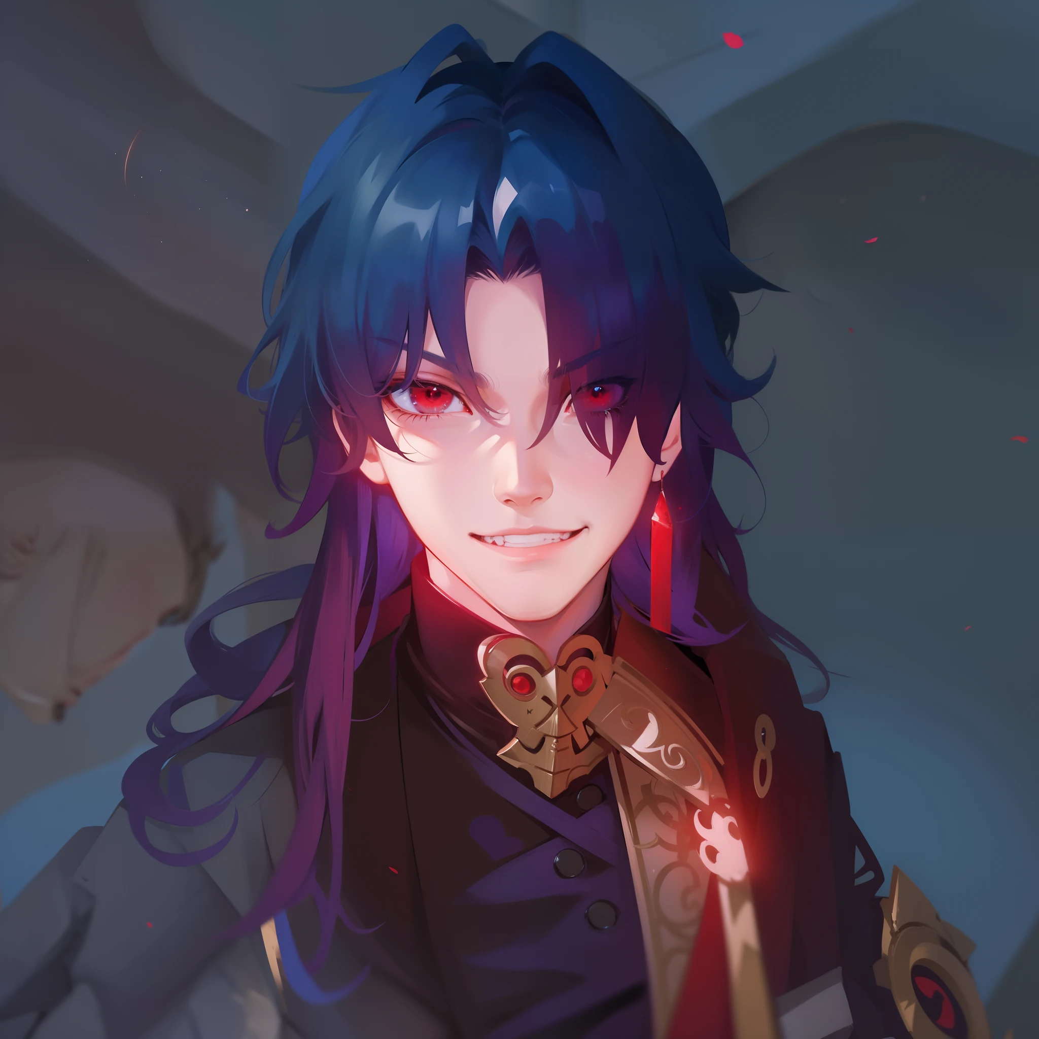 Redraw the guy, Handsome guy, cruel expression on his face, Menacing grin, red-eyes, Character Blade (Honkai), super quality