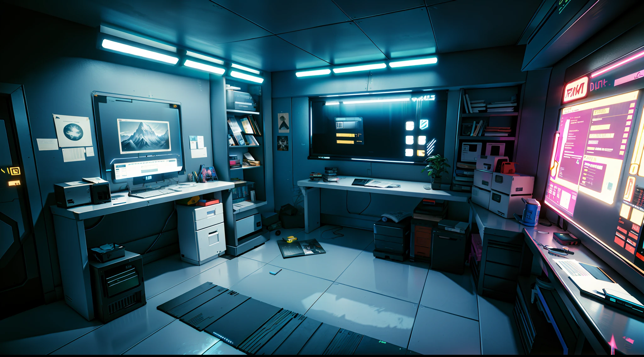 v'home, computer desk, neon lights, neon trim, hologram, (hiquality, beste-Qualit, hight resolution), (Ultimate Phtoreal Concept Art), White walls, beautiful design, On the recording table, tablet and flash drive, The lens is close to the computer, Only the computer and the table are visible