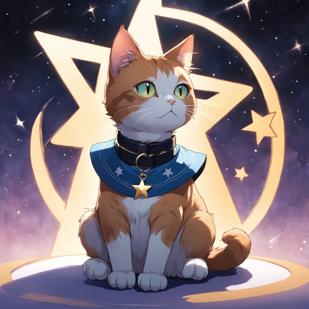 "a cat sitting with its back facing the camera, cartoonish and stylized, solid background, cat wearing a collar, pendant with the letter P, a star orbiting the cat."