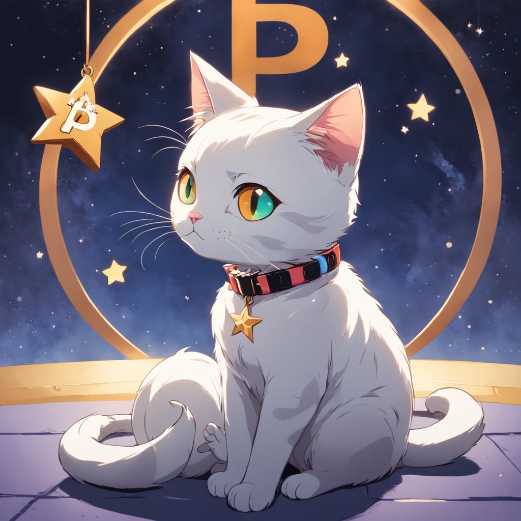 "a cat sitting with its back facing the camera, cartoonish and stylized, solid background, cat wearing a collar, pendant with the letter P, a star orbiting the cat."
