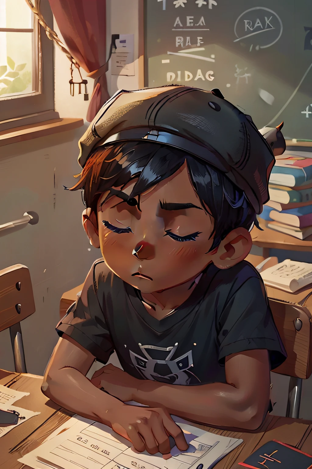 teo is a boy, , black, ebony, cute, wearing a cap, very short hair, looking sad, in the classroom, eyes closed, with his head lying on the desk, male