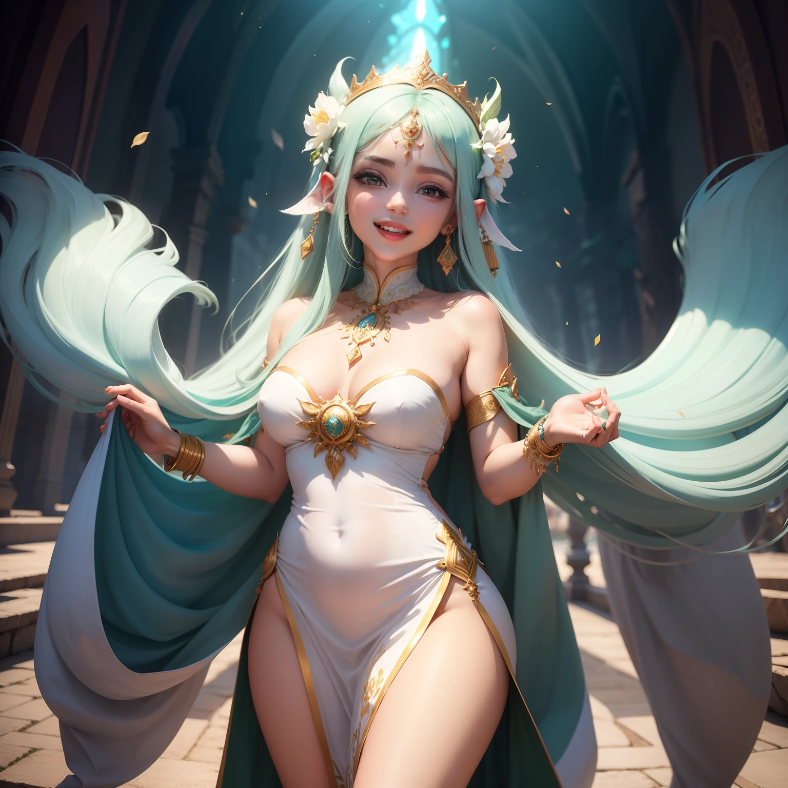 A mystical feminine being, veatido com roupasl longas,um vestido, feitas de um tecido de altissima qualidade, totalmente branco, possui algumas joias de ouro. Um ser mistico. E com um lindo sorriso.