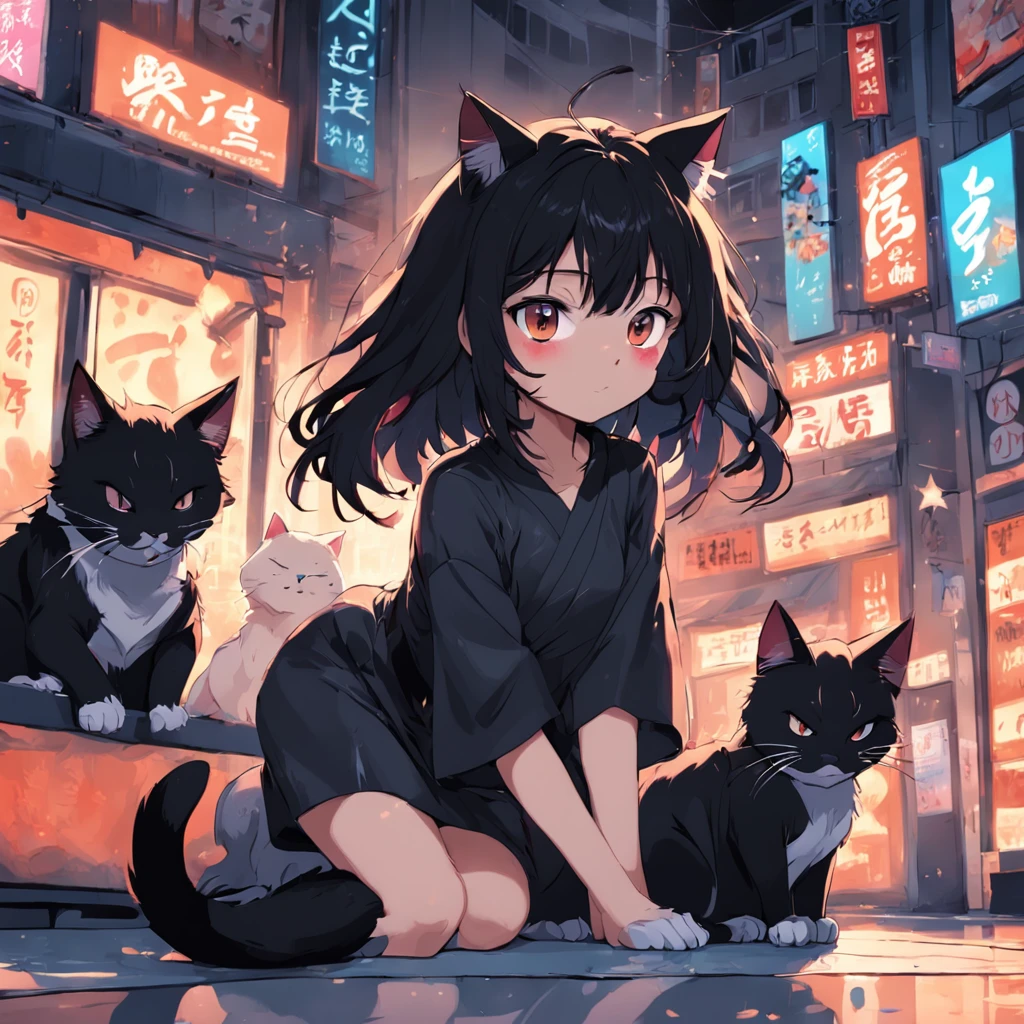 gatos preto cartoon, estilizado, anime, 2d, various positions