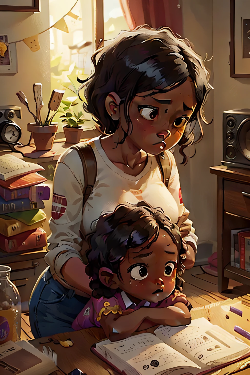 A mother, 40 years old, Black, Ebony, looking worried, looking downcast, at home