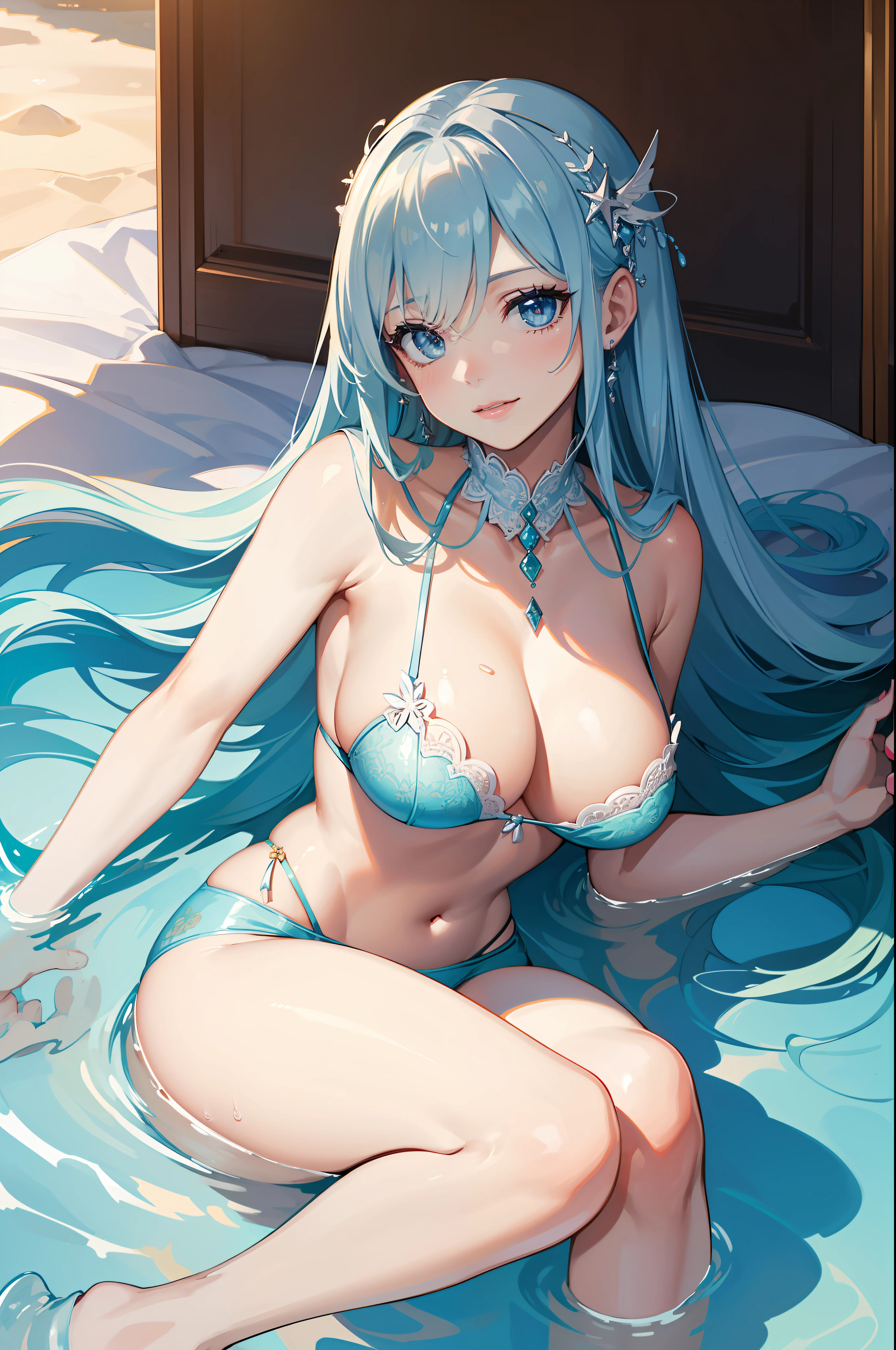 ((Sexy and beautiful woman lying on the bed and looking up)), the cutest 20-year-old beauty, charming smile, ((seaside resort)), ((very long hair)), ((skimp high resort fashion)), ((rich bust)), gradient eyes, seductive makeup, show lighting, single perspective, canon, nffsw, retina, masterpiece, accurate, anatomically correct, texture Doskin, Super Detail, High Detail, High Quality, Award Winning, Highest Quality, High Definition, 1080p, Hard Disk, 4K, 8K, 16K