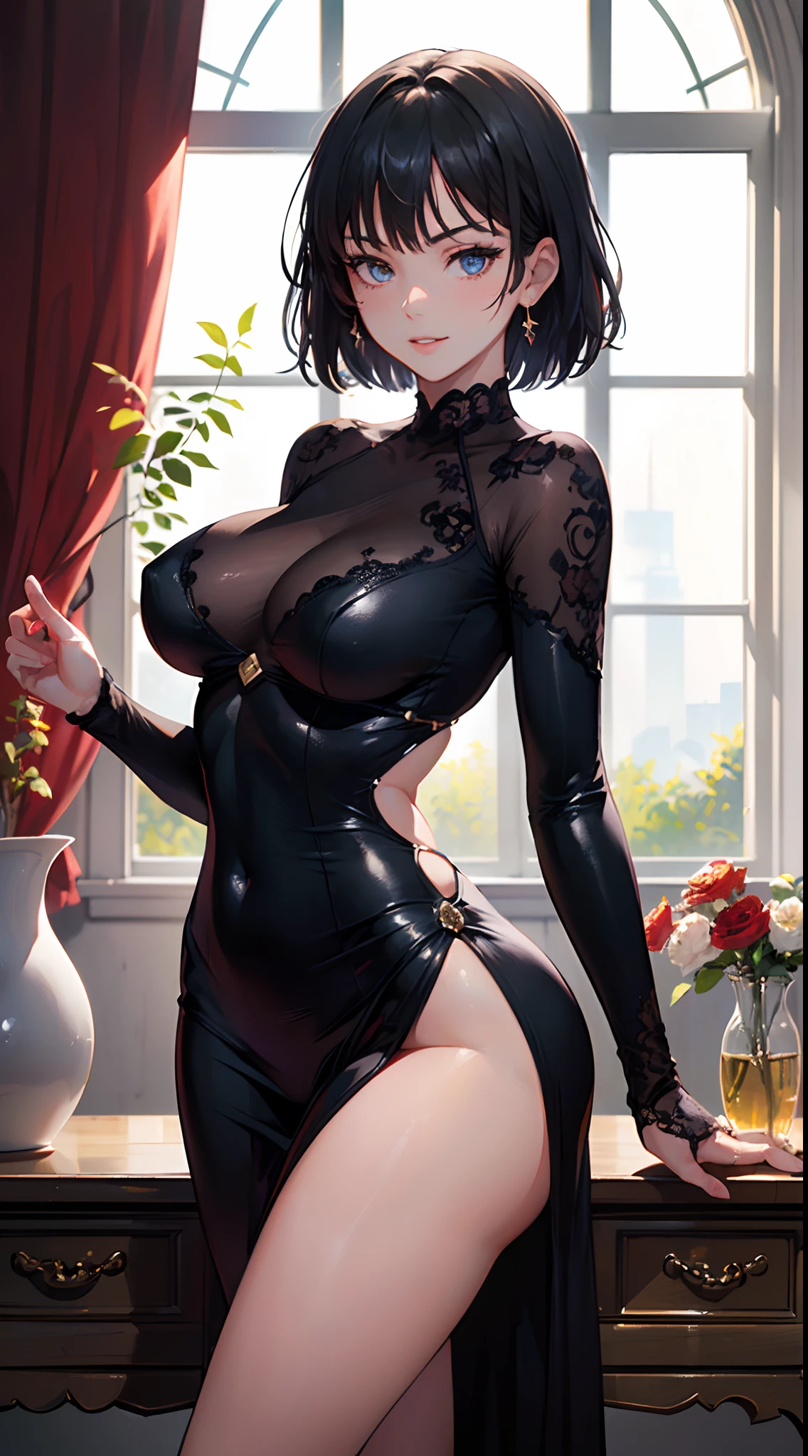 ((((masterpiece, best quality, high resolution)))), 1girl, realistic dark hair, bob cut, short wavy hair, blush, light smile, parted lips, glow, thighs, narrow waist, (masterpiece), (beautiful detailed face, beautiful detailed eyes), wide hips, (large breasts: 1.2), tight dress, cowboy shot