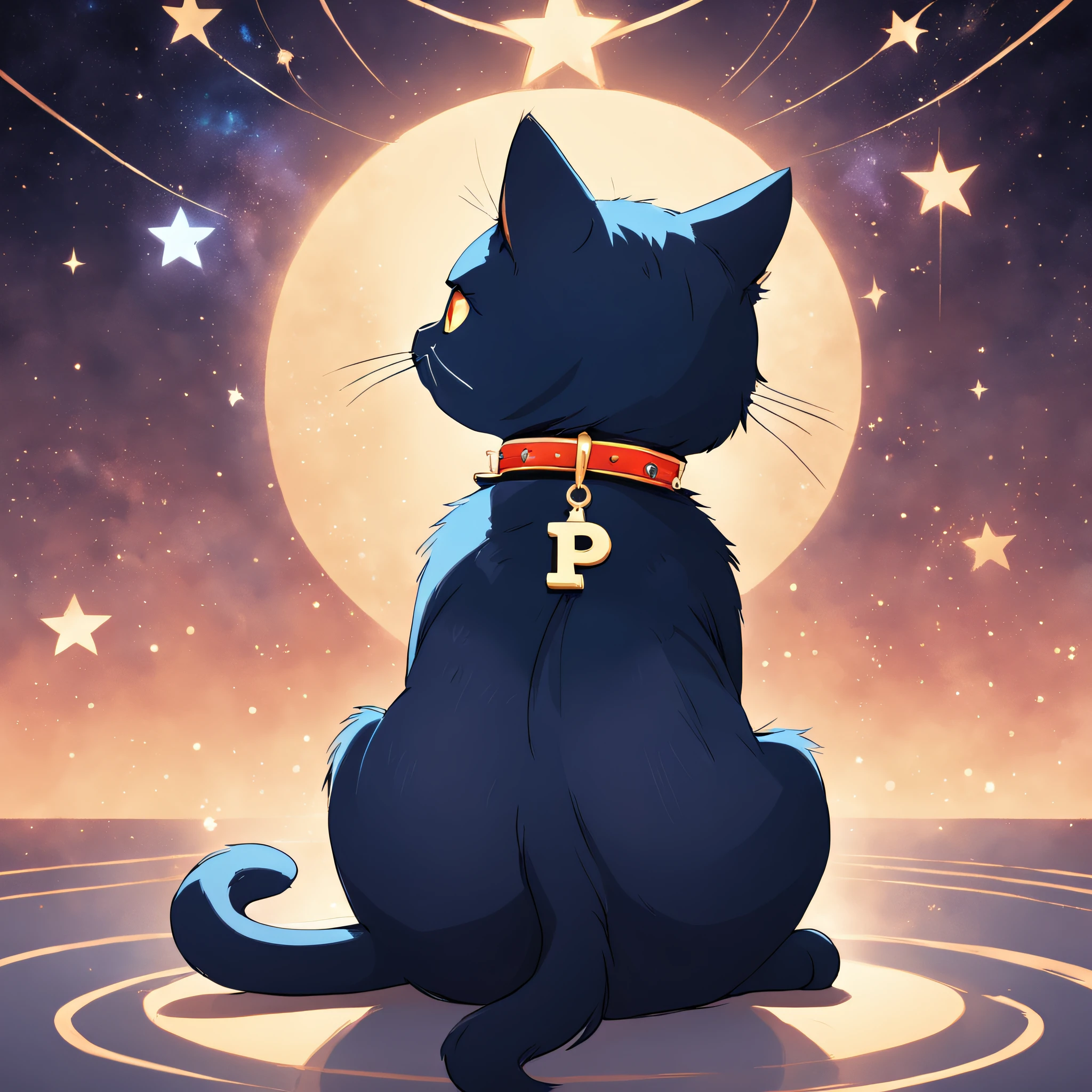 "a cat sitting with its back facing the camera, cartoonish and stylized, solid background, cat wearing a collar, pendant with the letter P, a star orbiting the cat."