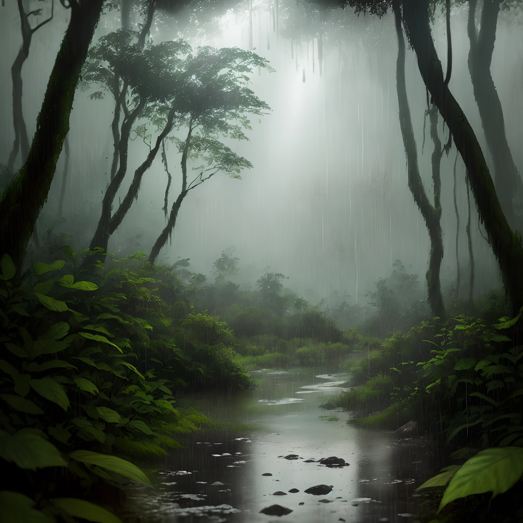 a close up of a stream in a forest with a light shining through the trees, rainy environment, at evening during rain, cinematic forest lighting, wet lush jungle landscape, rainy and wet atmosphere, after the rain, light rain, forest scenery, forest ray light, rain falling, rainy atmosphere, in a rainy environment, rainy scene, day after raining, beautiful forest scenery